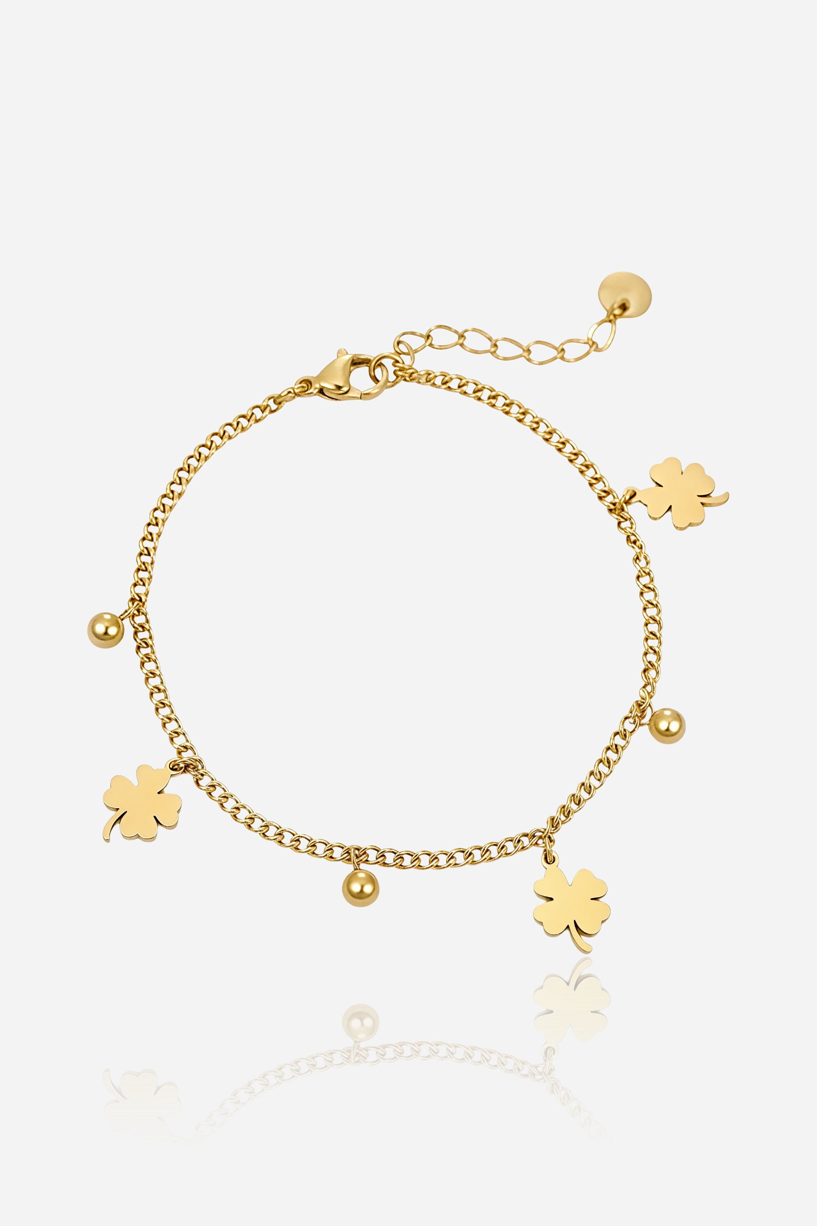 GLISTIA four-leaf clover charm bracelet in PVD 18K gold plated stainless steel shown from the front, featuring clover and bead charms.