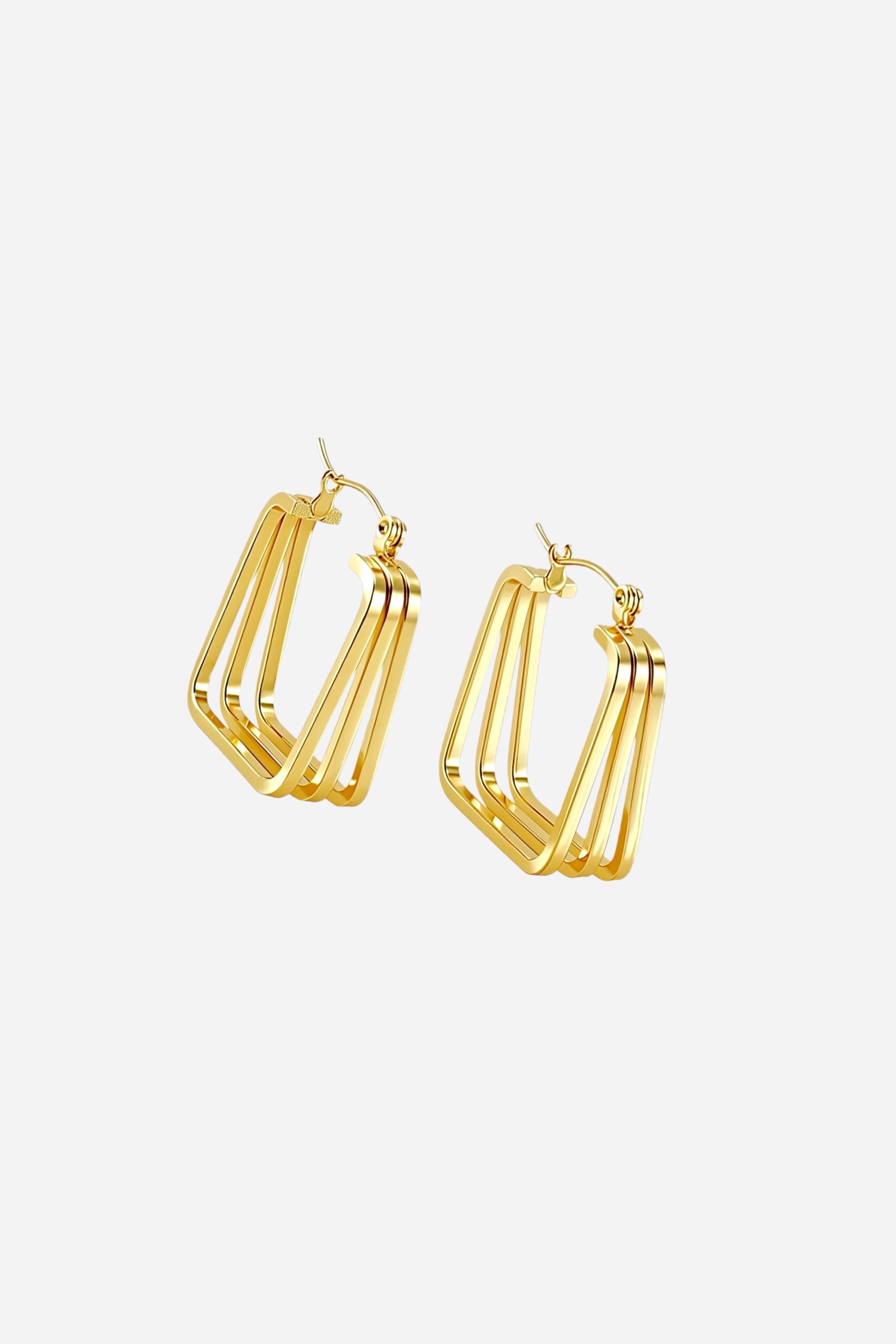 Side view of geometric multi-bar hoop earrings made from stainless steel with a high-shine 18K gold plated finish, showcasing layered angular bar design for a bold sculptural look – GLISTIA