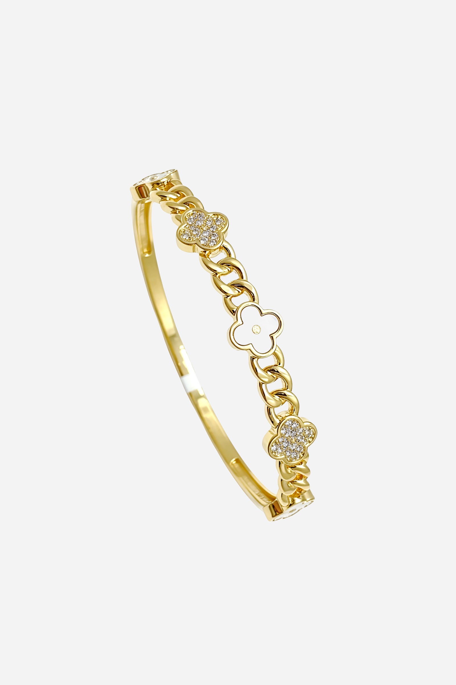 Top view of GLISTIA gold-tone Clover Chain Bangle featuring enamel clovers and CZ accents.