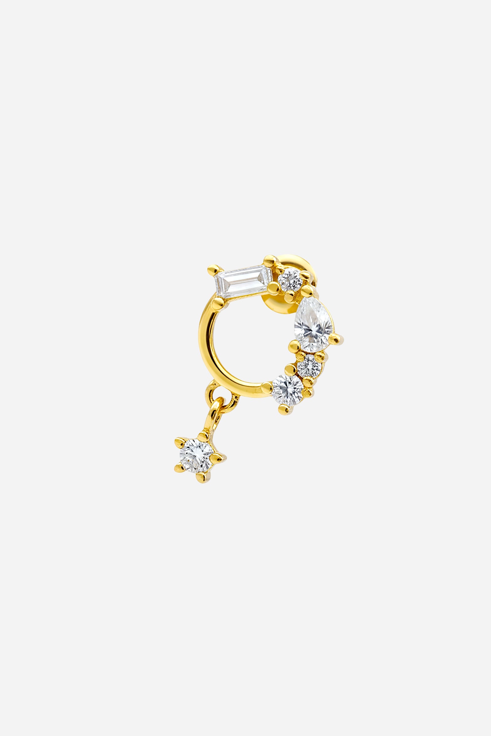 Side view of PVD 18K gold plated Crystal Baguette Circle Piercing Earring featuring baguette and round CZ stones - GLISTIA