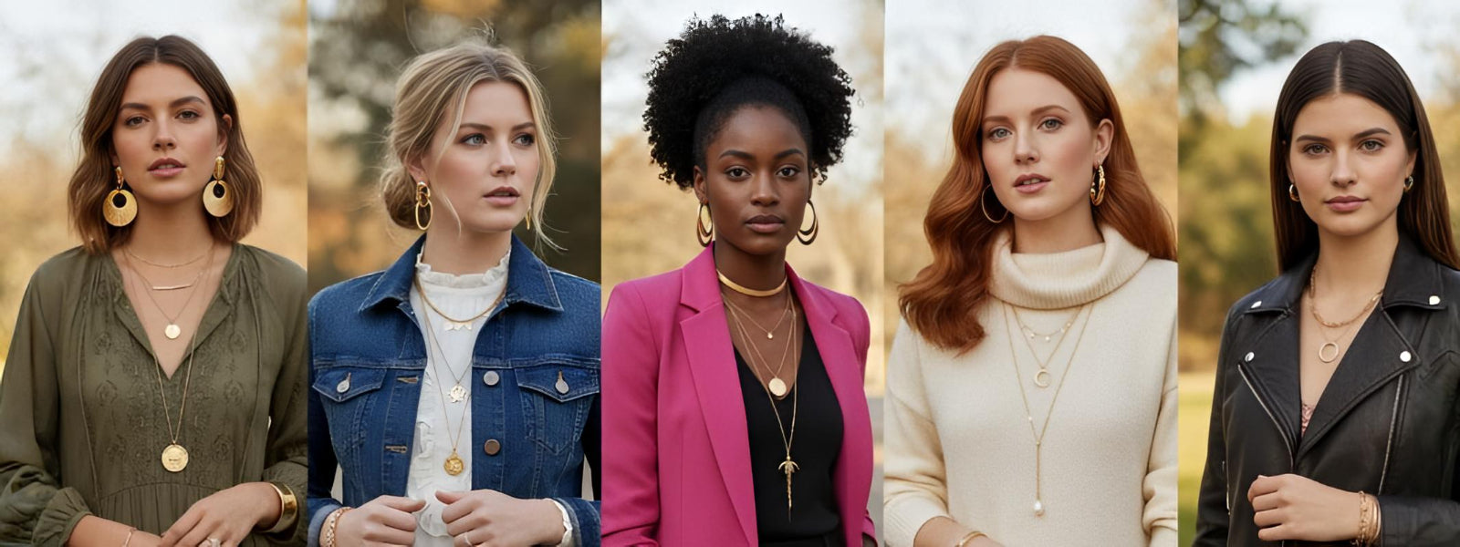 Five models wearing GLISTIA 18K PVD gold-plated stainless-steel and 925 sterling silver necklaces, earrings and bracelets styled with assorted everyday outfits.