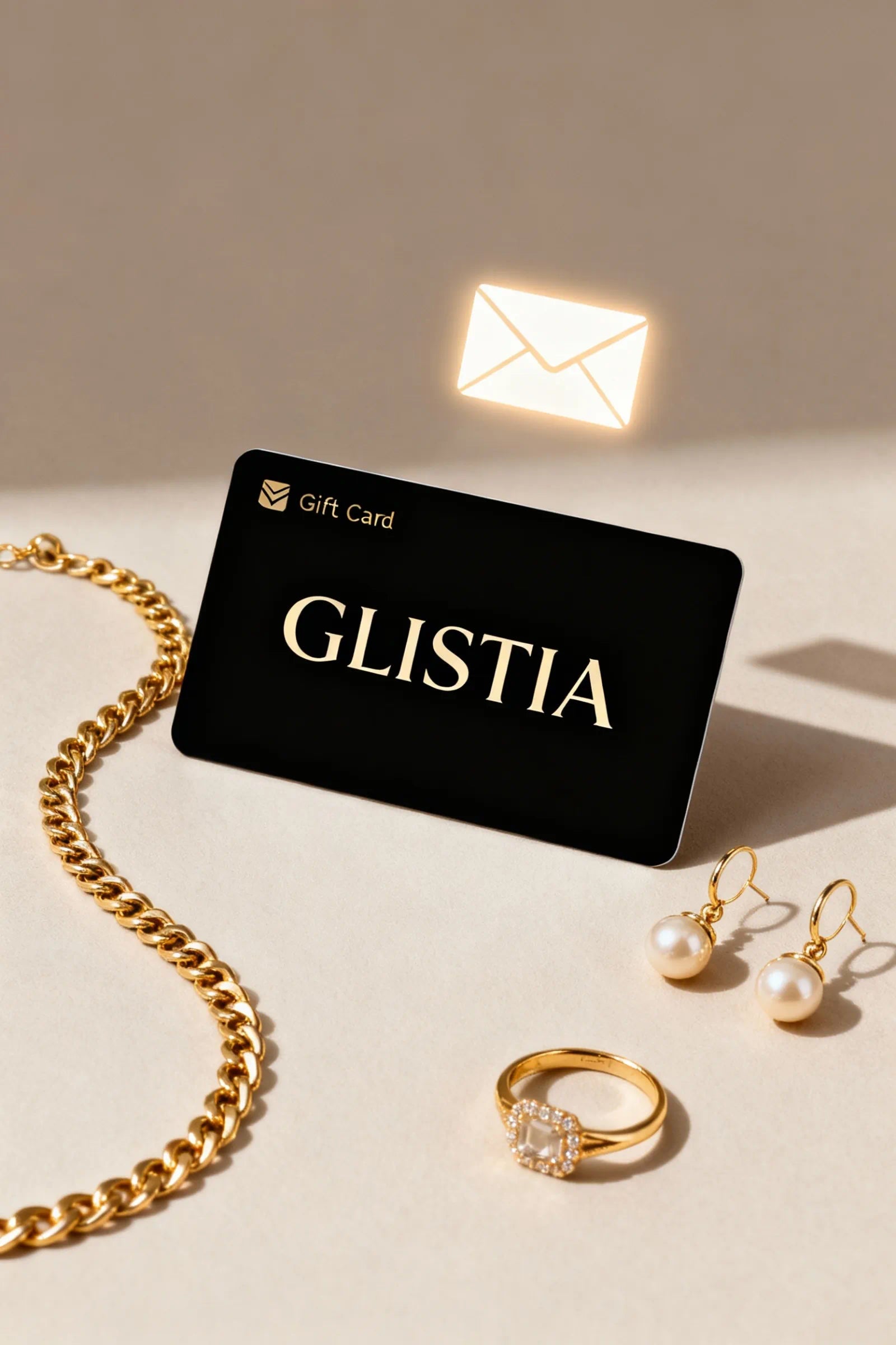 Glistia gift card $25, $50, $100 with gold jewelry on a beige background