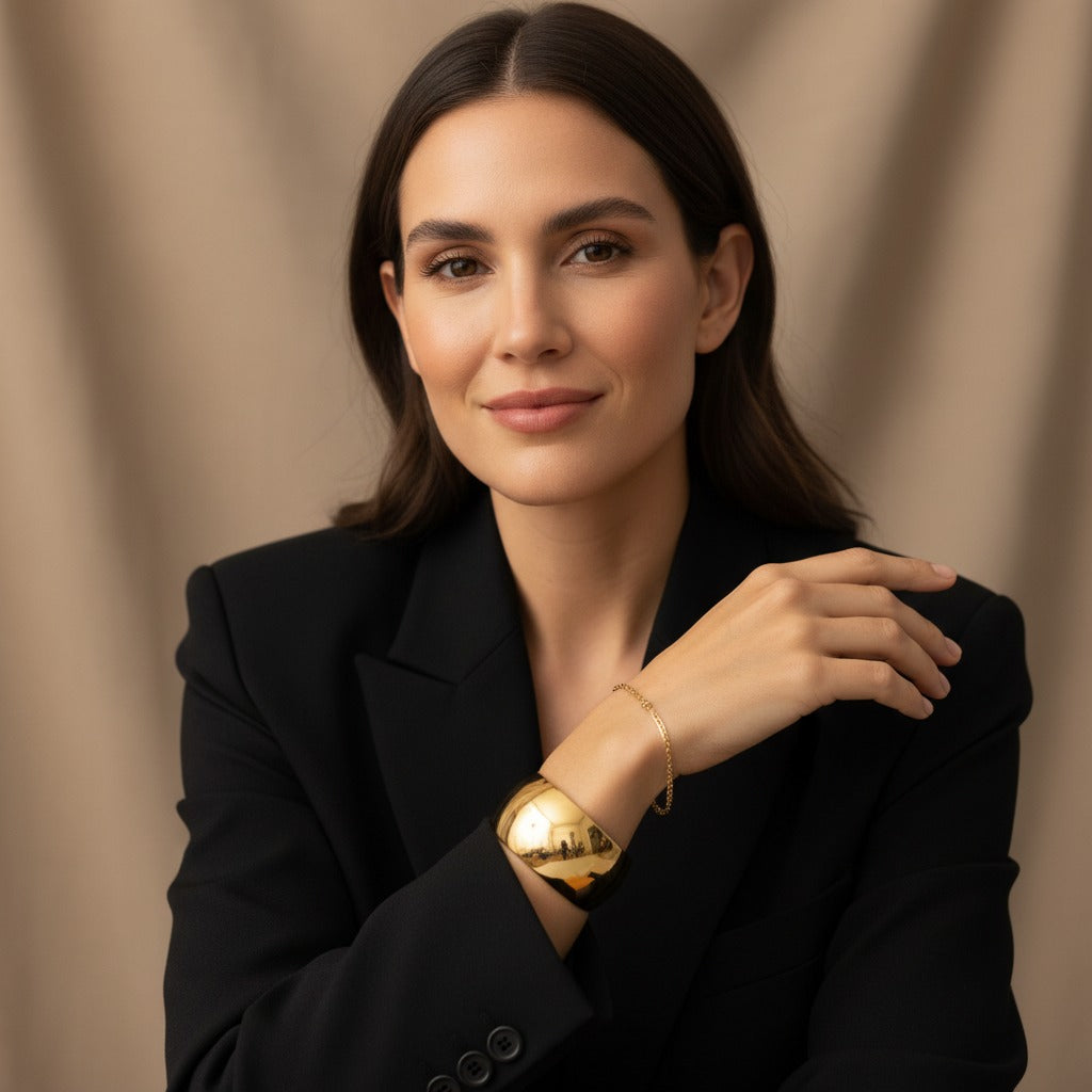 Confident woman styling intentional wristwear with a bold gold bangle and fine chain bracelet, showcasing balanced, modern jewellery styling by GLISTIA