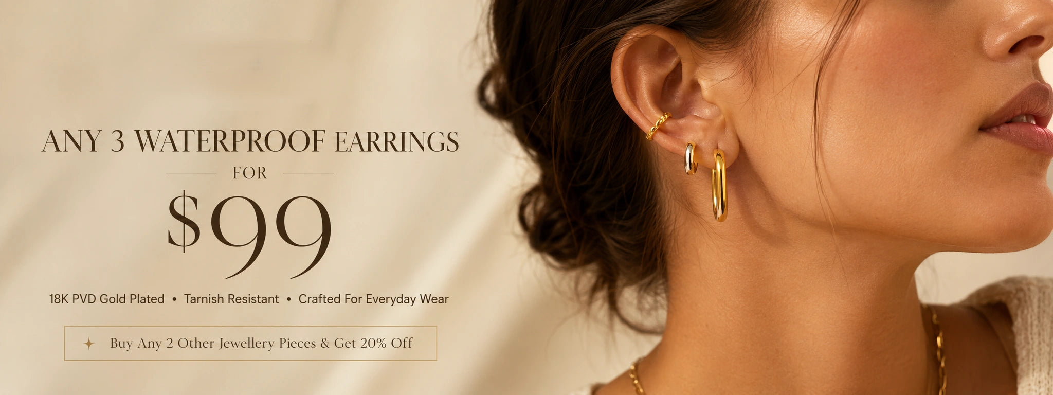 Promotional banner for waterproof earrings with a model wearing gold earrings.