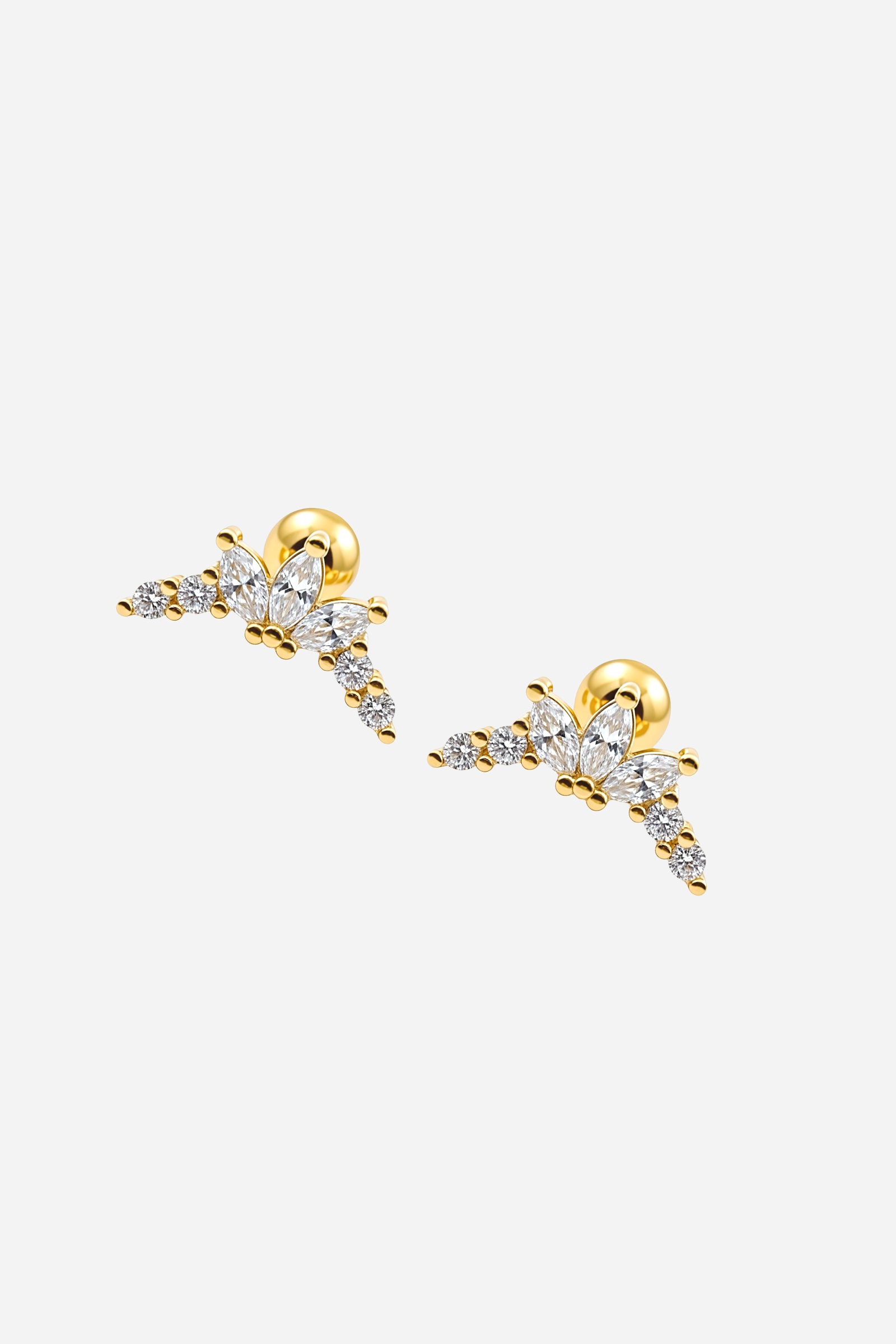 Single gold marquise and round crystal piercing stud with ball-back closure pair.