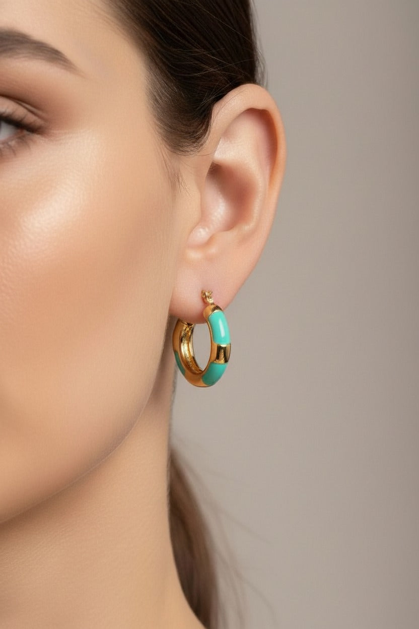 18K PVD gold plated turquoise enamel bamboo hoop earrings styled on model ear