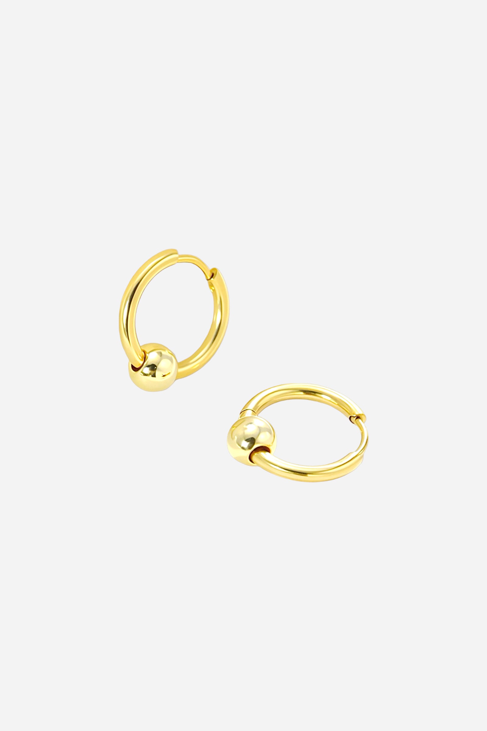Top view of gold bead hoop earrings crafted from 18K gold plated stainless steel featuring a smooth round bead accent – GLISTIA jewellery