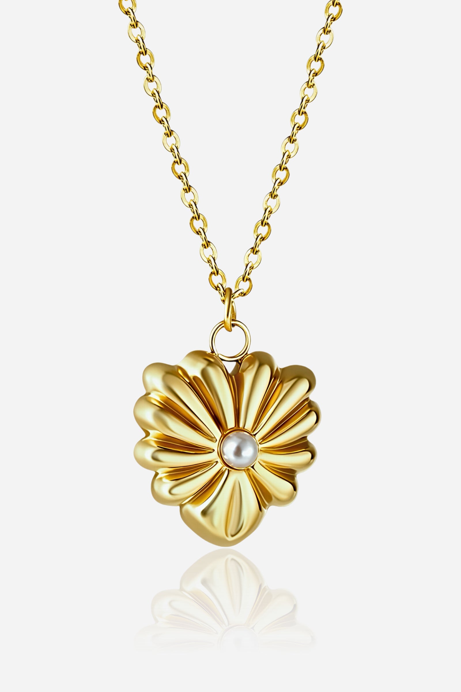 GLISTIA Gold Blossom Pendant Necklace featuring a sculpted floral pendant with a central simulated pearl and PVD 18K gold plated finish.