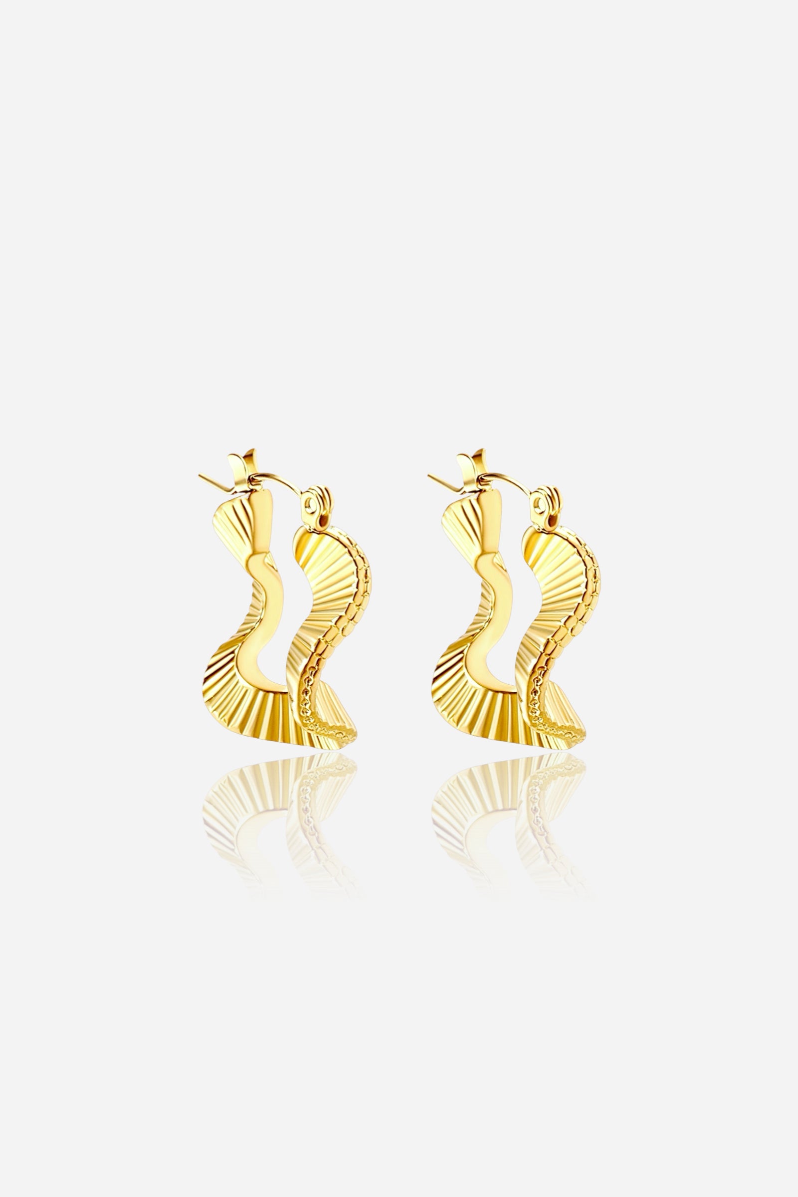 Front view of geometric ripple hoop earrings in 18K gold plated stainless steel featuring a sculpted wave-inspired design – GLISTIA jewellery