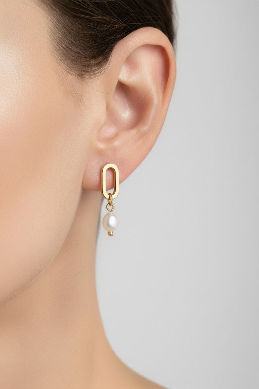 Gold link pearl drop stud earrings in 18K PVD gold plated stainless steel