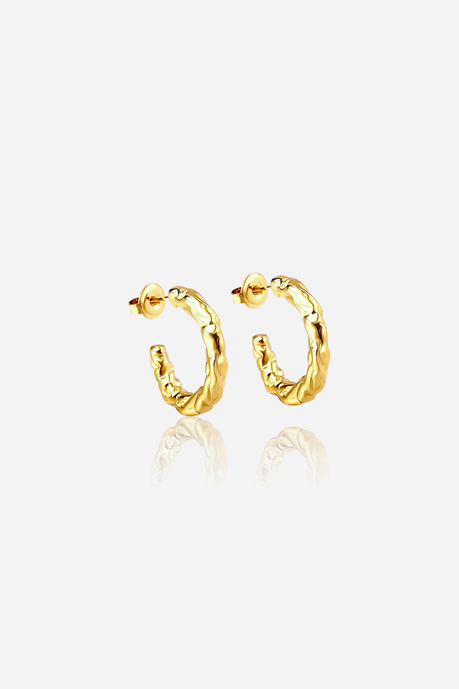 Gold molten textured hoop earrings in PVD 18K gold plated stainless steel – modern sculptural design by GLISTIA
