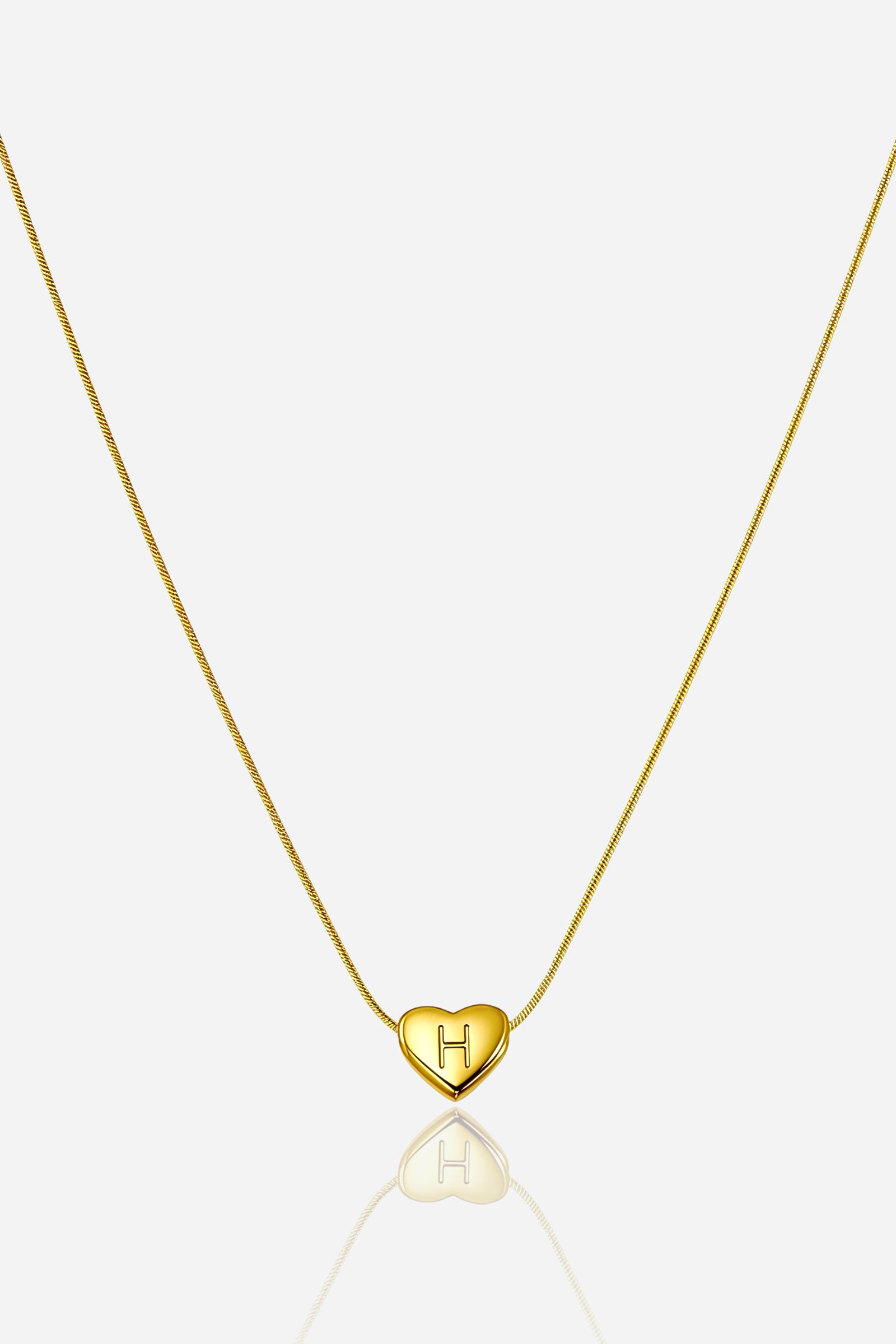 Gold-plated heart initial ‘H’ necklace with engraved pendant on a snake chain, PVD 18K gold plated stainless steel – GLISTIA