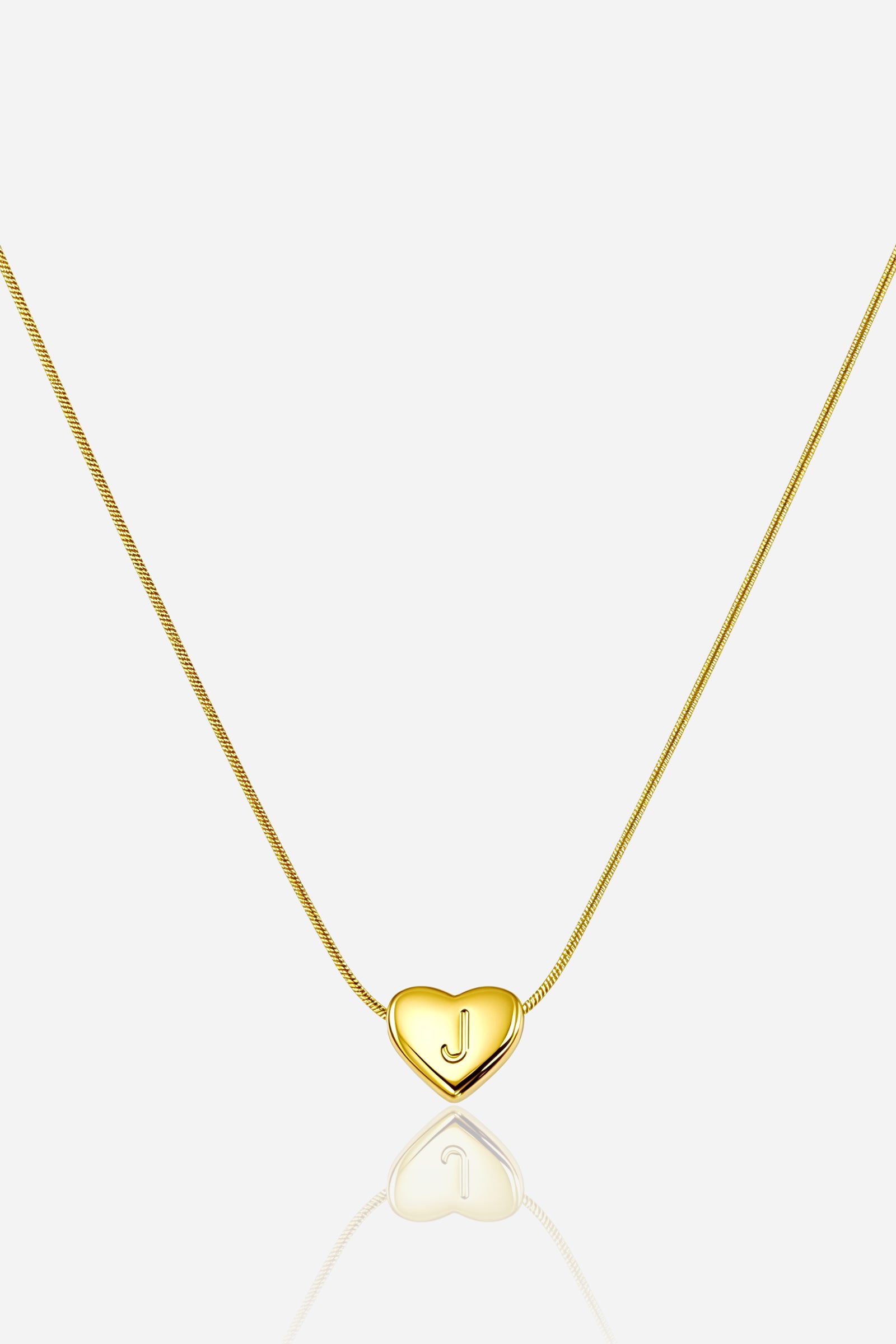 Gold-plated heart initial ‘J’ necklace with engraved pendant on a snake chain, PVD 18K gold plated stainless steel – GLISTIA