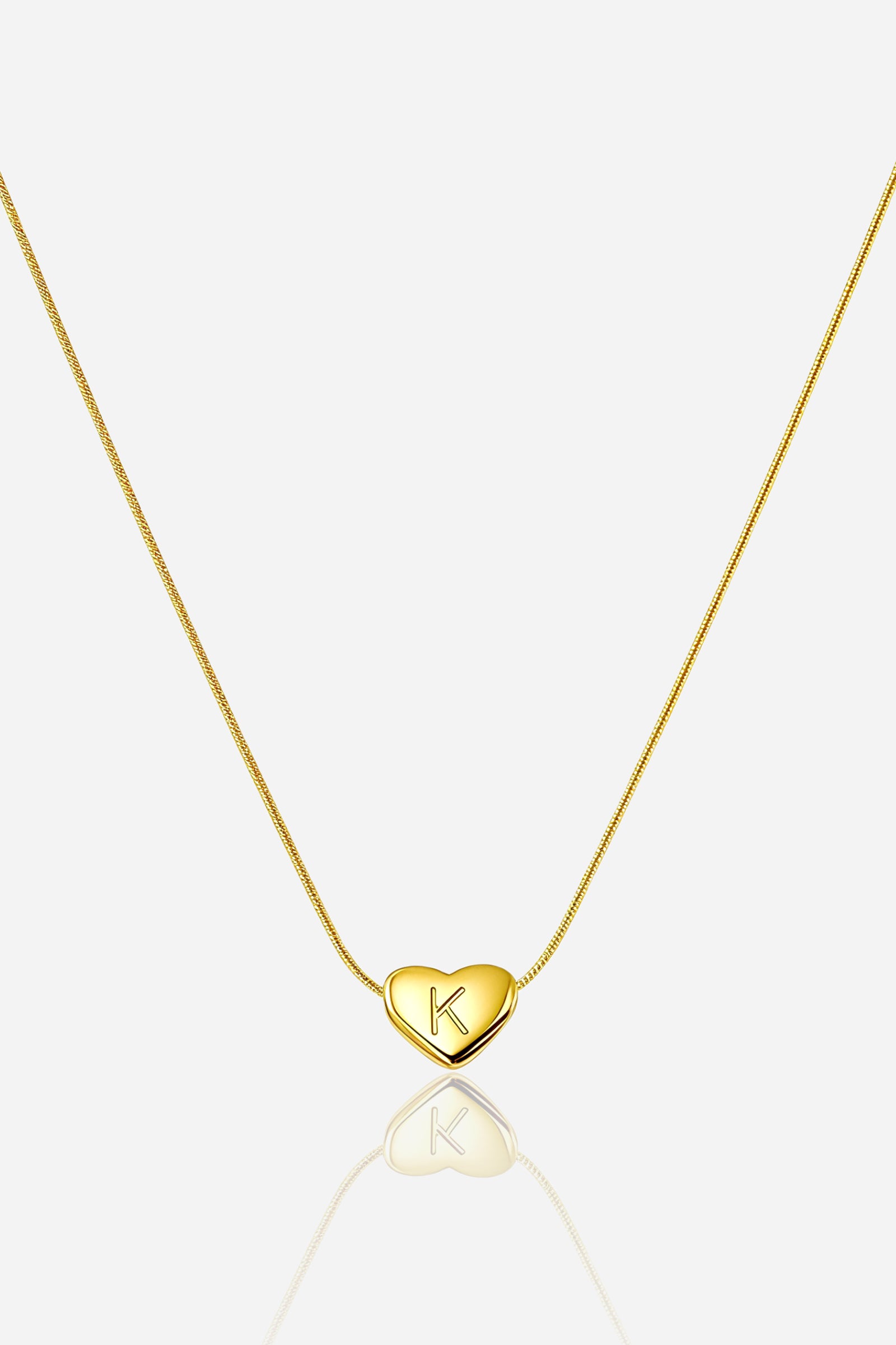 Gold-plated heart initial ‘K' necklace with engraved pendant on a snake chain, PVD 18K gold plated stainless steel – GLISTIA