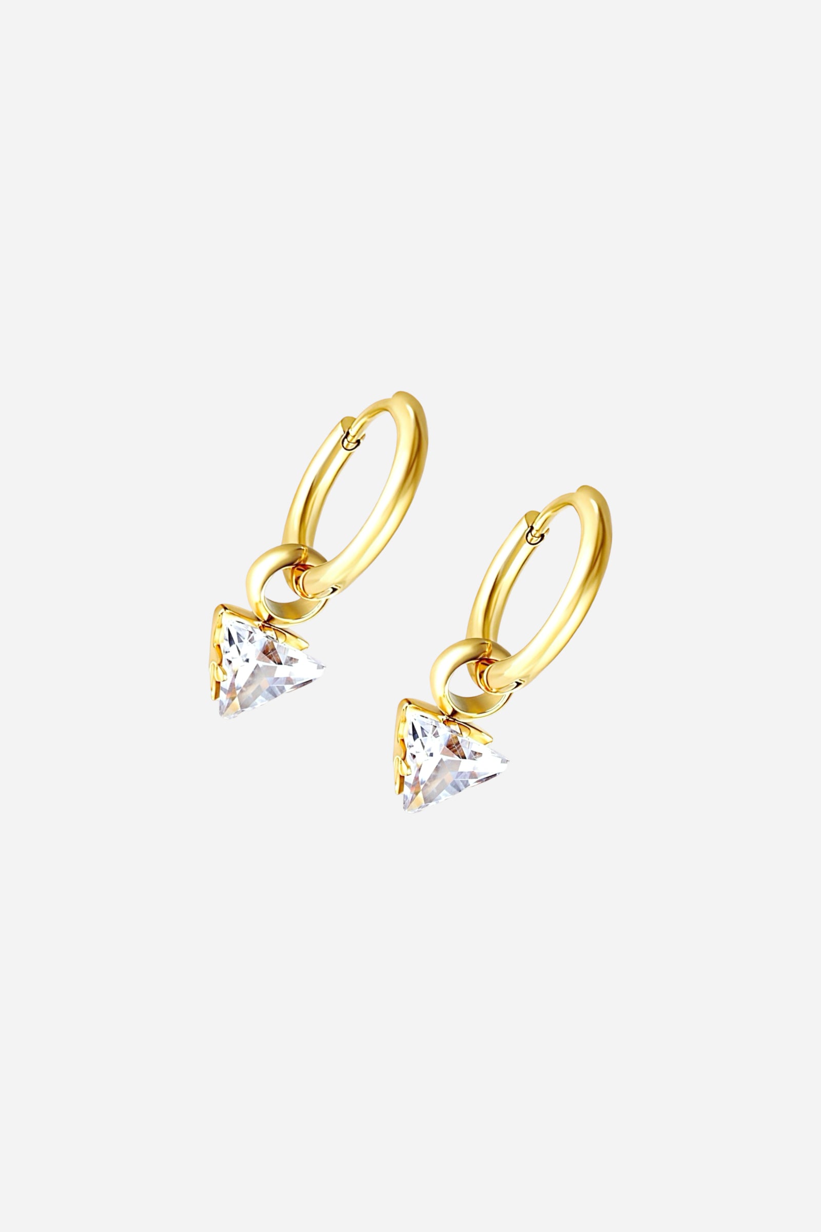 Side view of gold triangle crystal drops hoop earrings featuring a clear faceted crystal suspended from sleek gold hoops, crafted from stainless steel with a polished PVD 18K gold plating – GLISTIA