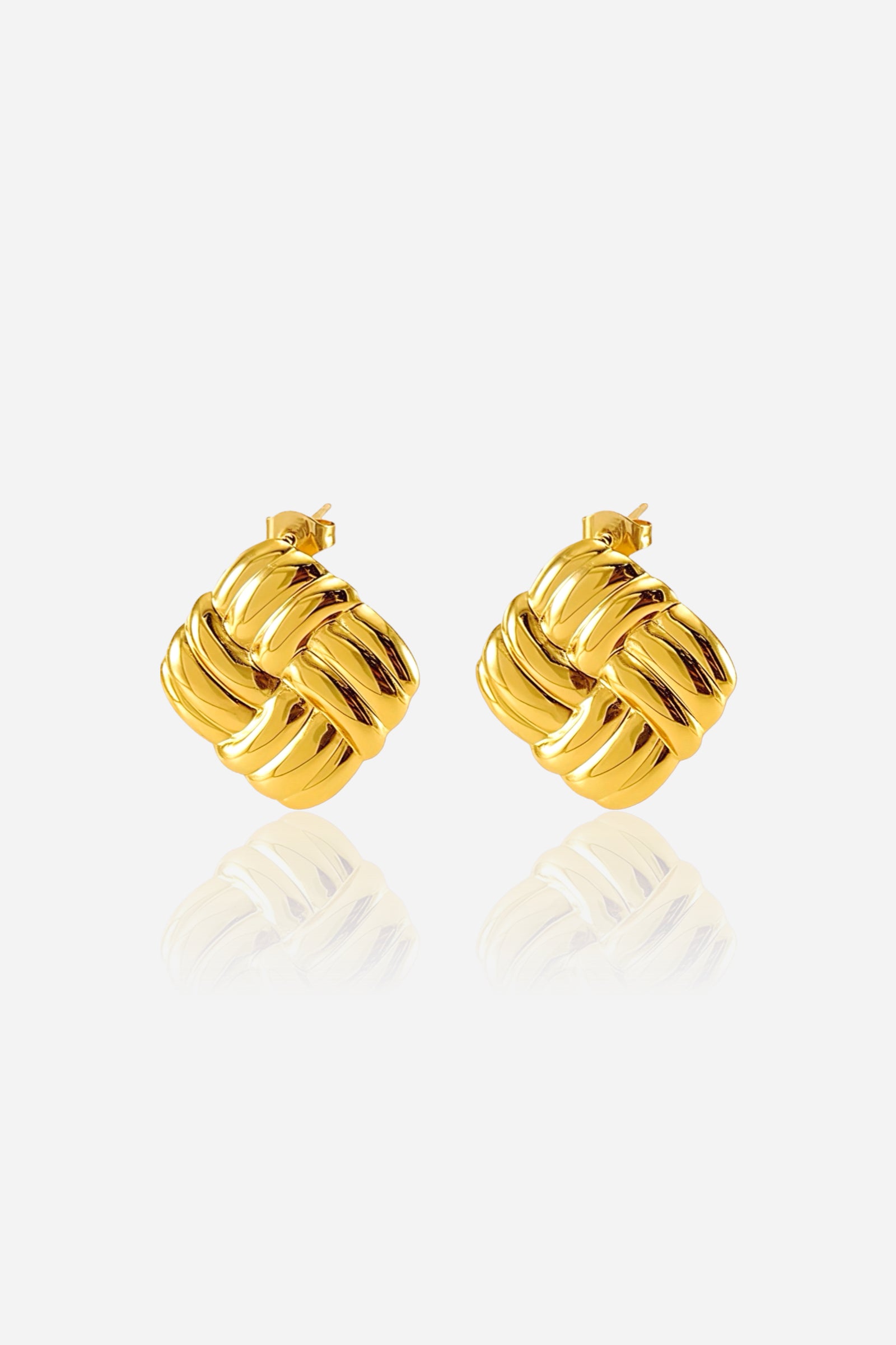 Front view of gold woven square stud earrings crafted from stainless steel with a lustrous PVD 18K gold plated finish, featuring an interlaced texture and polished shine – GLISTIA.