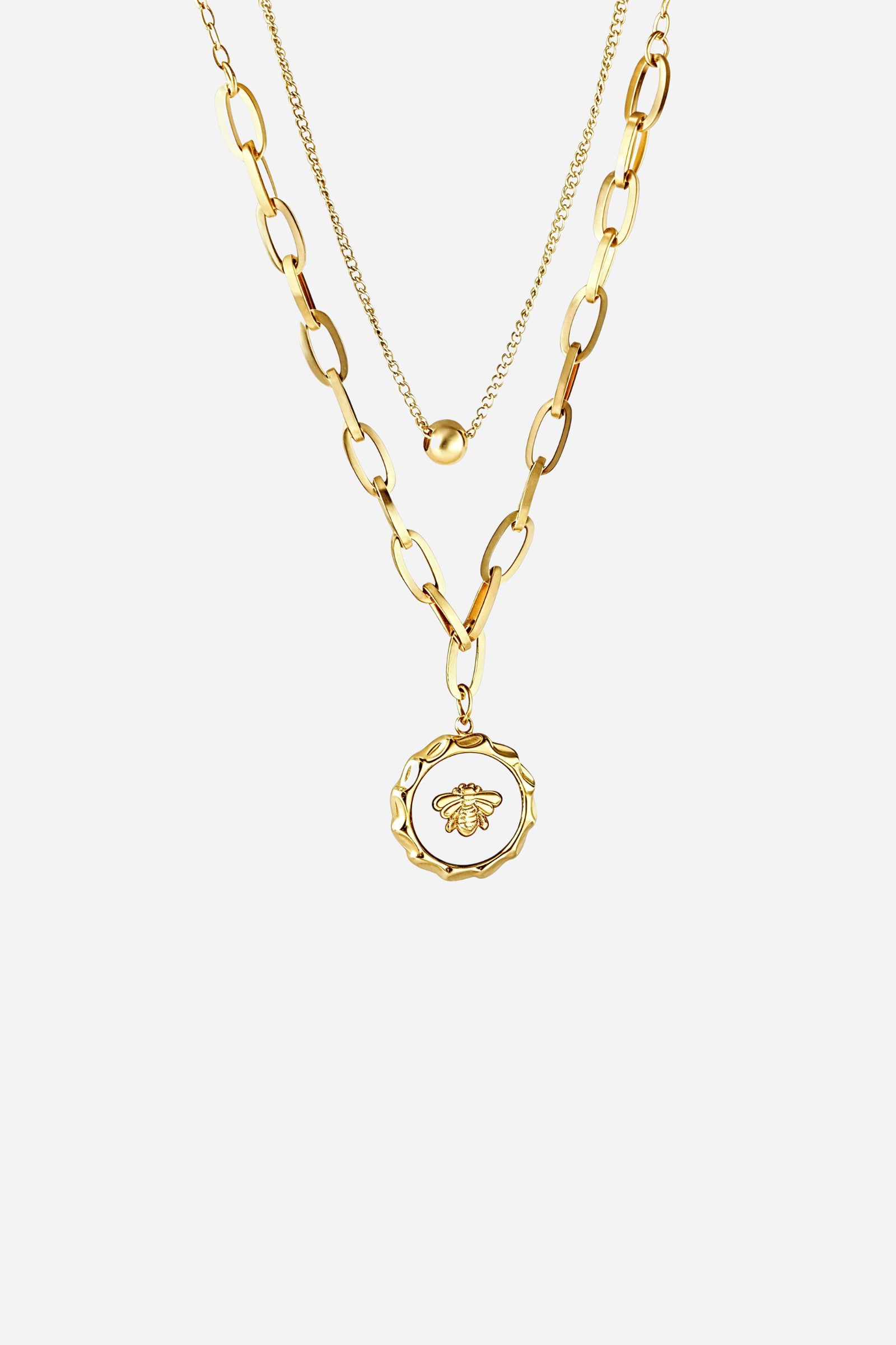Top-view image of GLISTIA layered necklace featuring 3D bee medallion pendant.