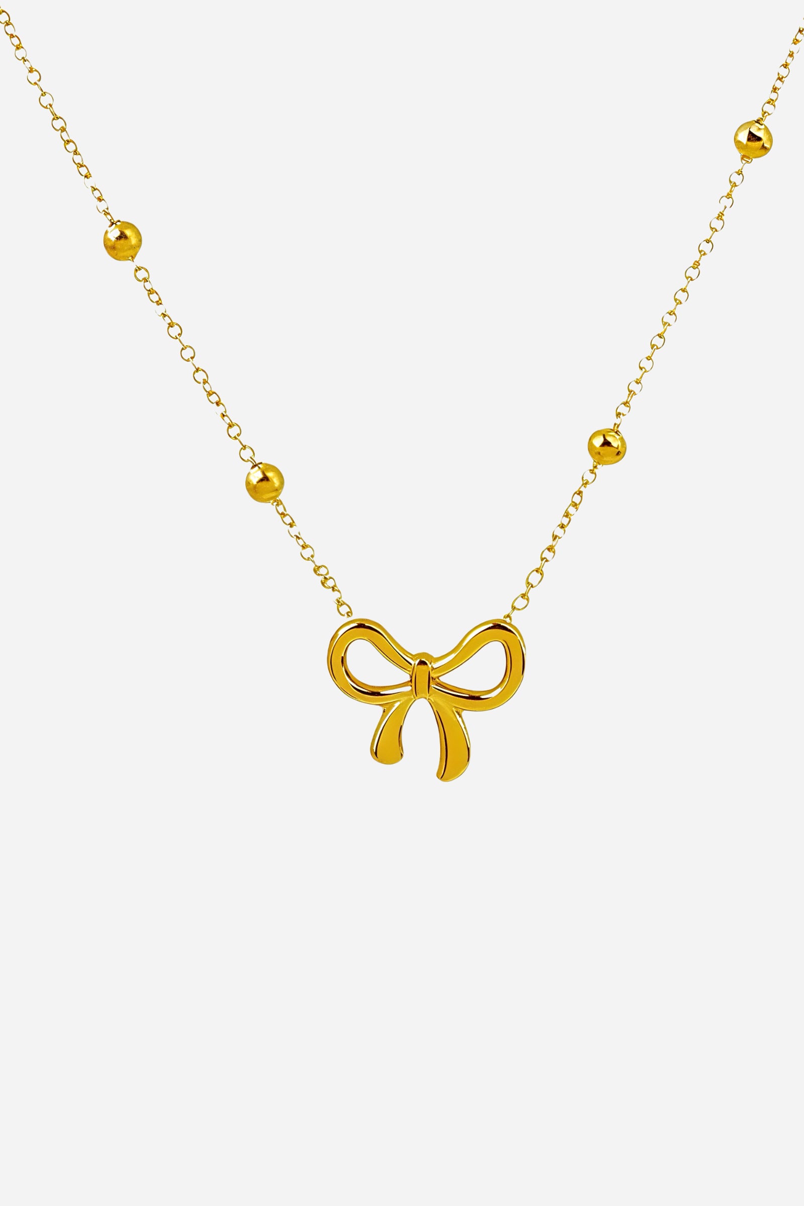 Golden Bow Necklace in PVD 18K gold plated stainless steel, front view – GLISTIA