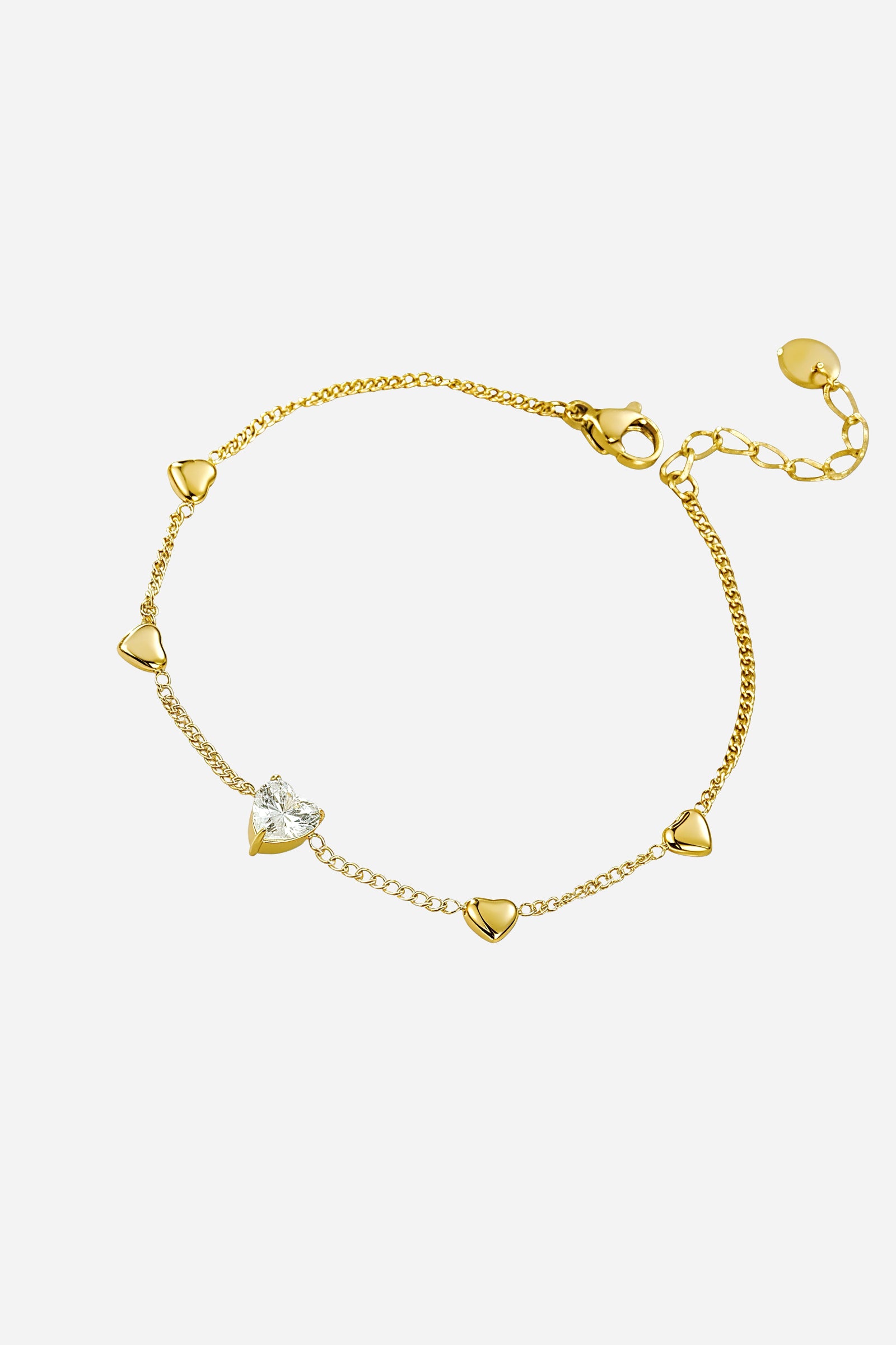 Top-view of GLISTIA’s gold heart charm bracelet featuring a brilliant heart-cut centre stone and smooth mini heart motifs.