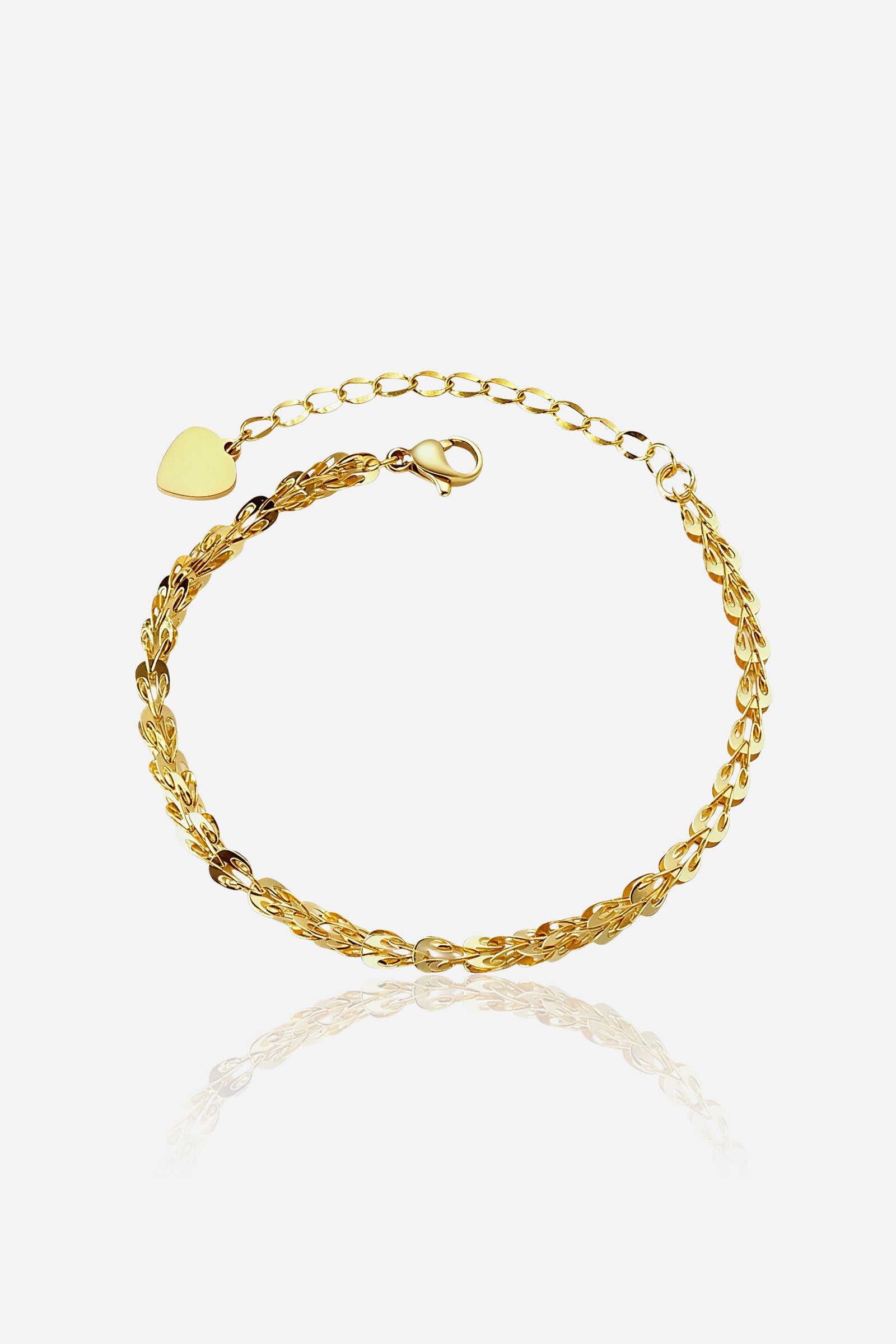GLISTIA golden leaf chain bracelet in PVD 18K gold plated stainless steel shown in front view with reflective finish.