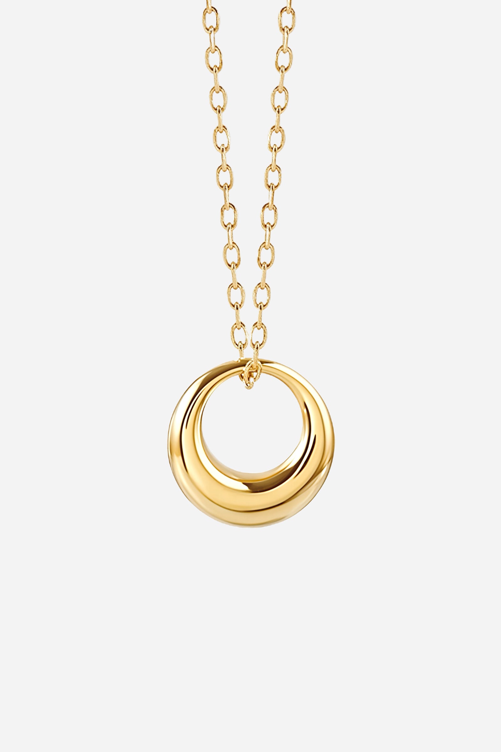Golden Orbit Necklace in polished 18K PVD gold plating on stainless steel – front view-GLISTIA.