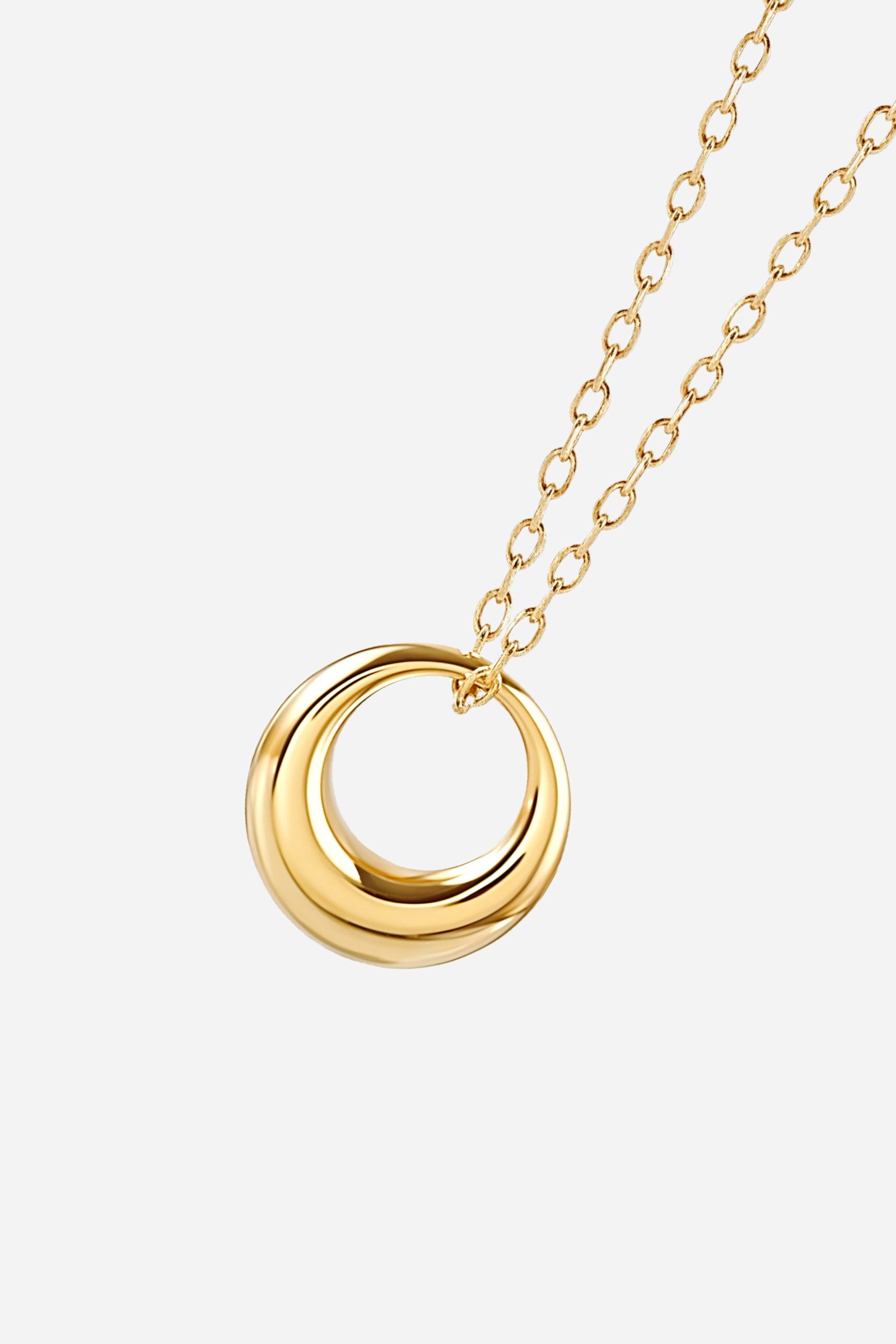 Side-angle view of Golden Orbit Necklace showing curved dome pendant design GLISTIA.