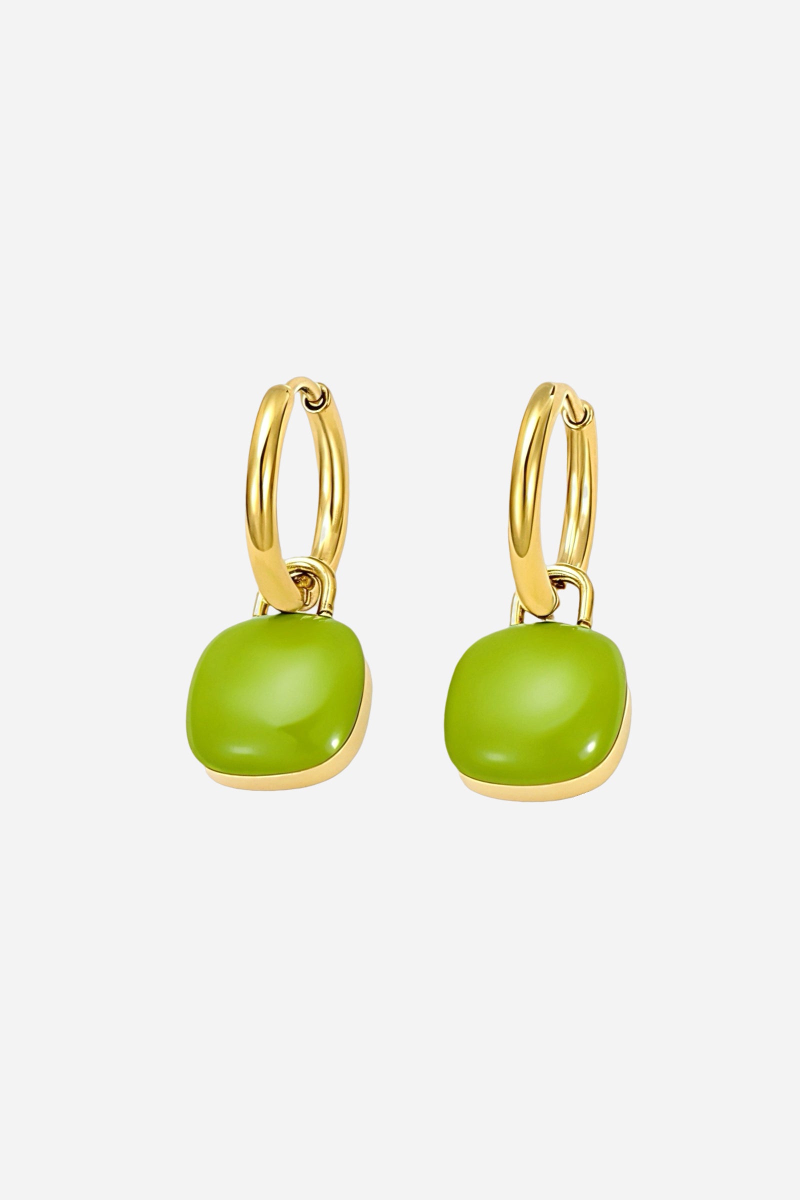 Green charm drop hoop earrings crafted from premium stainless steel with a radiant PVD 18K gold plated finish, featuring a glossy green square charm - GLISTIA.