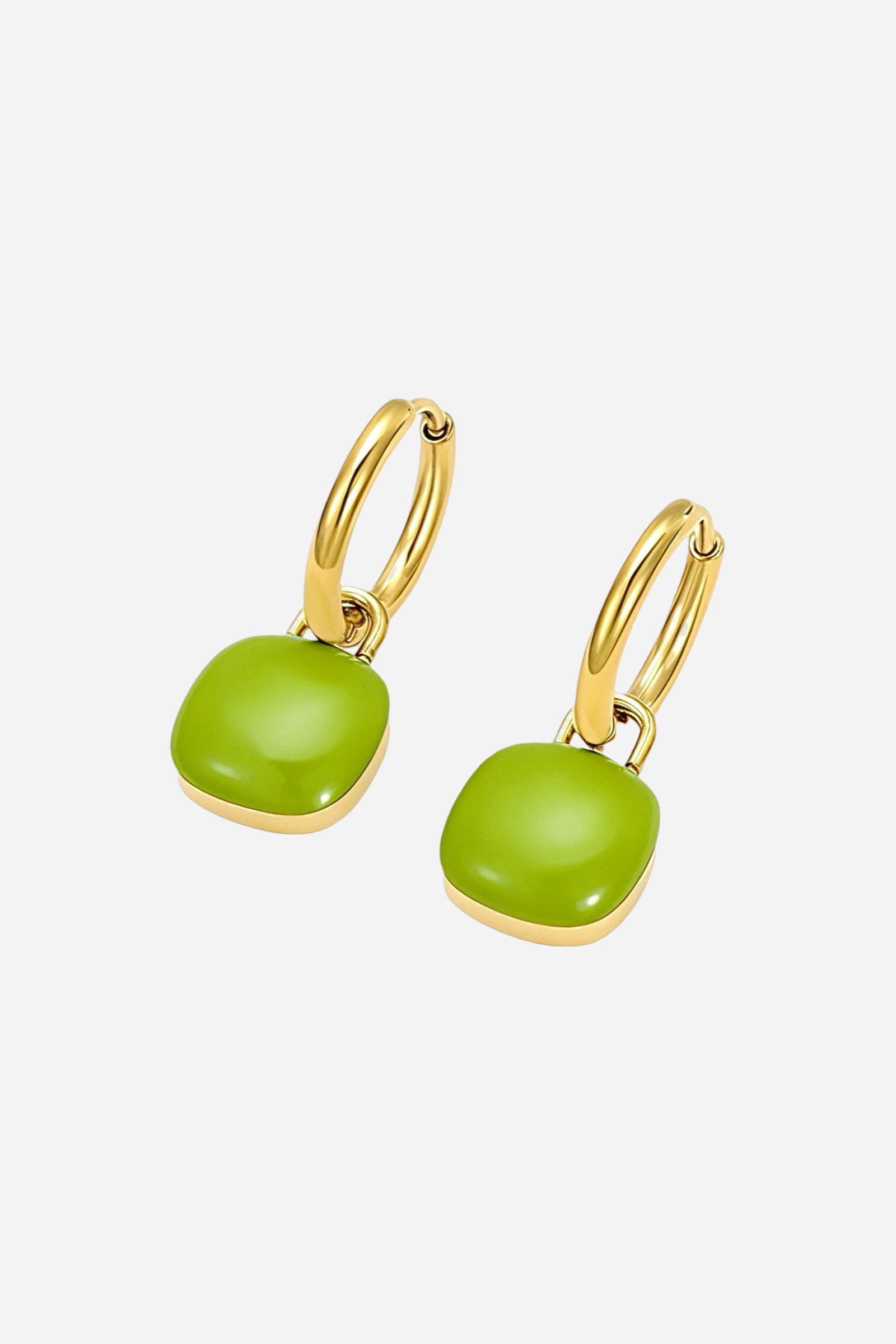 Front view of hoop earrings with glossy green charm drops crafted from stainless steel and finished with PVD 18K gold plating, featuring a modern minimalist design – GLISTIA.
