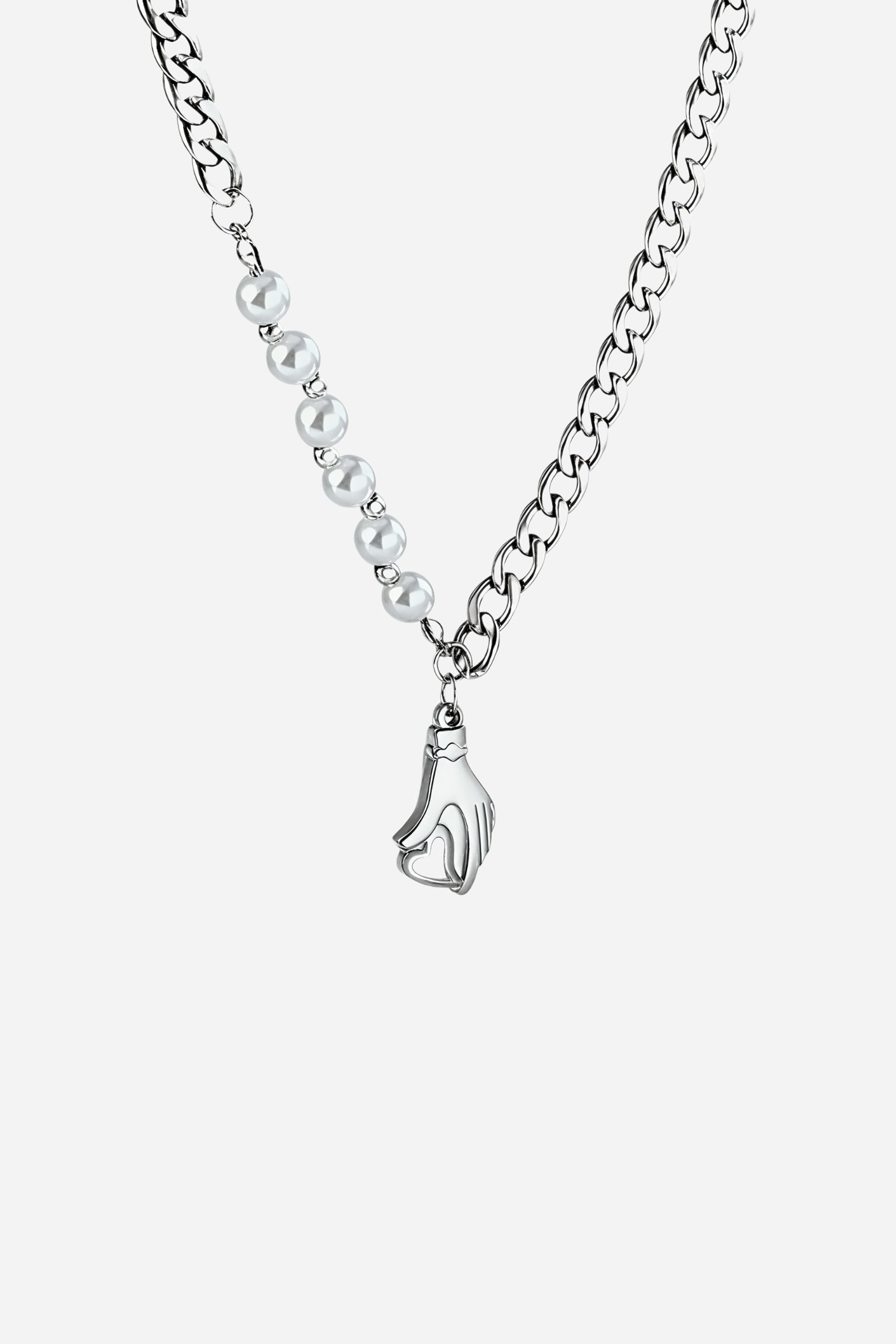 Front view of GLISTIA Halo Hand Pearl Necklace featuring mixed chain, pearl accents, and silver hand pendant.