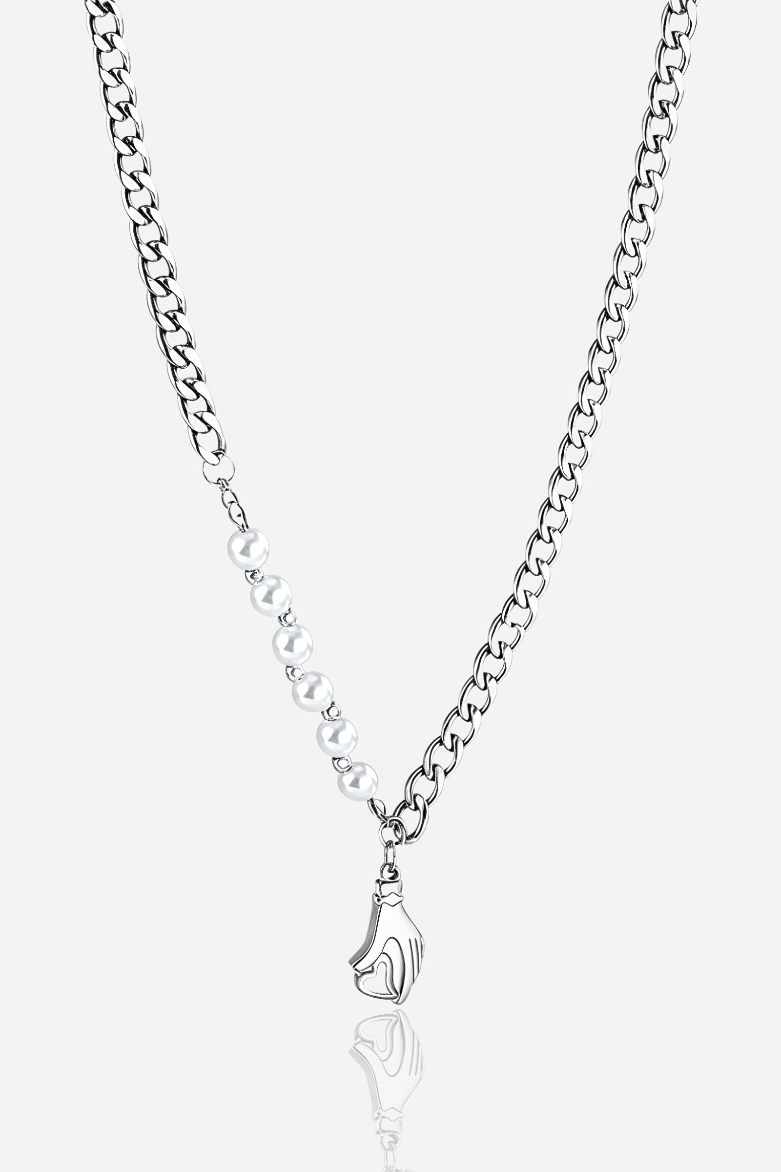 Zoom view of GLISTIA Halo Hand Pearl Necklace featuring mixed chain, pearl accents, and silver hand pendant.