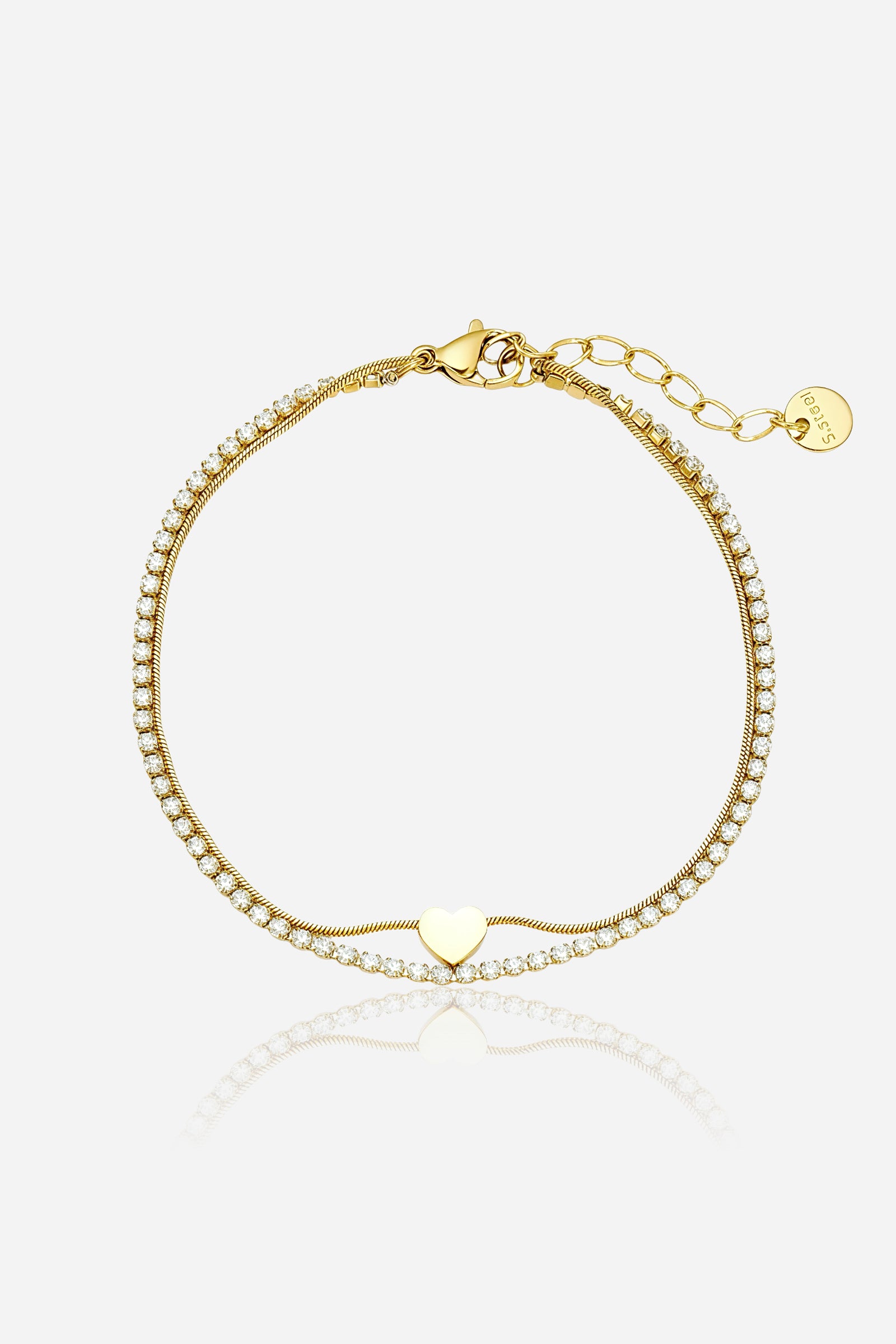 GLISTIA heart accent dual chain tennis bracelet in PVD 18K gold plated stainless steel shown from the front.