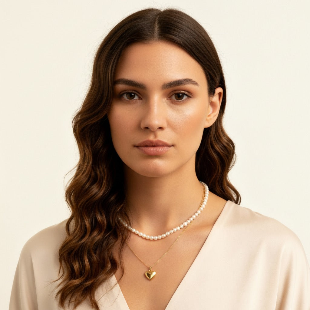 Modern heart and pearl necklaces designed with clean lines and refined elegance