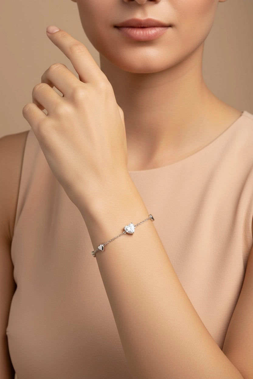 Heart Charm Chain bracelet in silver tone stainless steel with delicate heart link detailing