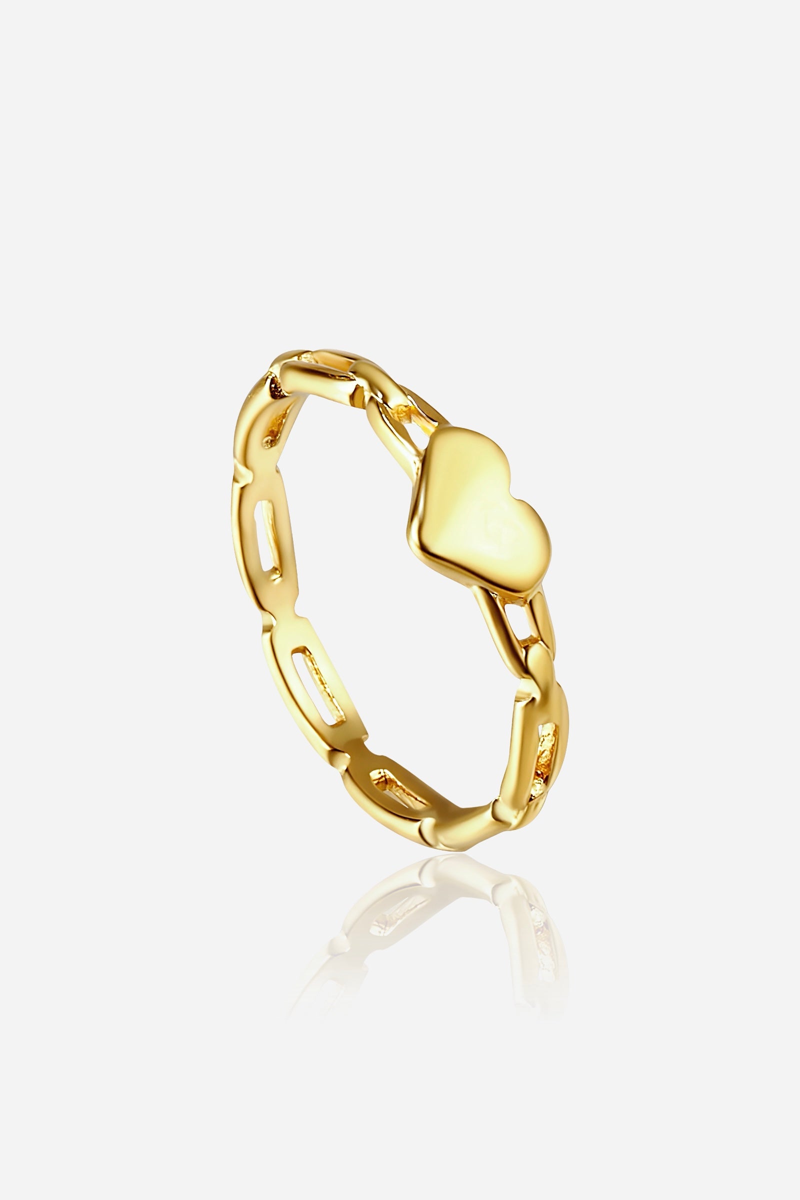 GLISTIA Heart Link Chain Ring front view in PVD 18K gold plated stainless steel with polished heart charm.