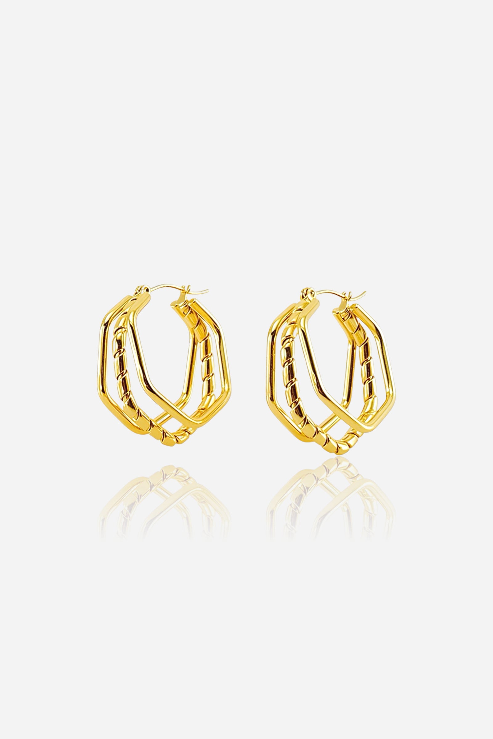 Hexagon double-layer hoop earrings crafted in stainless steel with a polished 18K gold plated finish, modern geometric design – GLISTIA