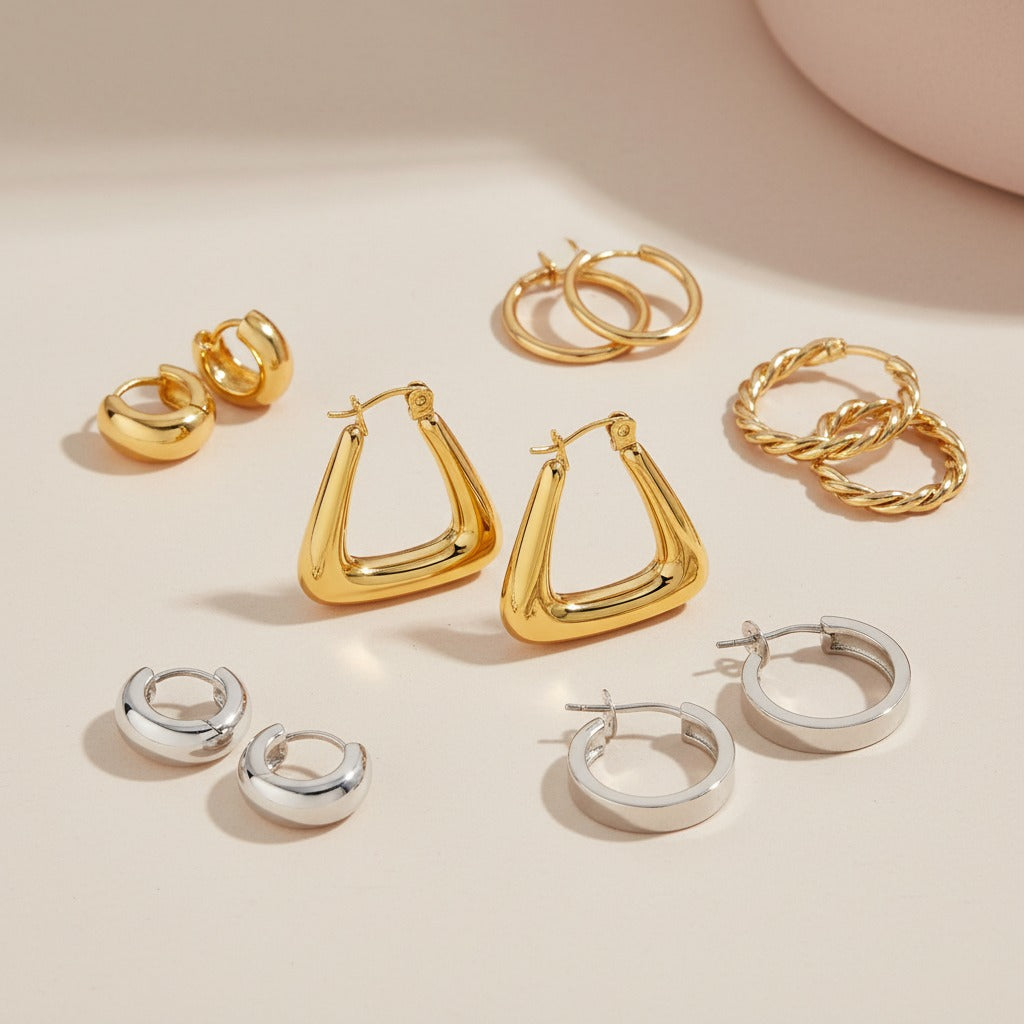 Hoop and huggie earrings in 18K PVD gold plated finish, showcasing timeless design and everyday versatility.