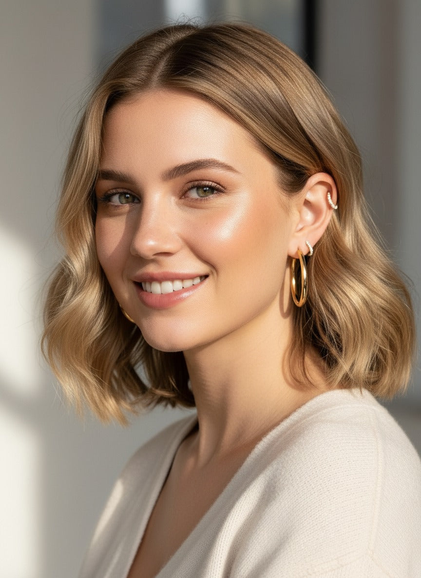 18K PVD gold plated hoop and huggie earrings arranged together, designed for everyday comfort and versatile styling.