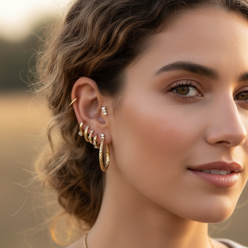 Intentional earrings collection featuring studs or huggies, classic hoops, and a statement style in an 18K PVD gold plated finish.