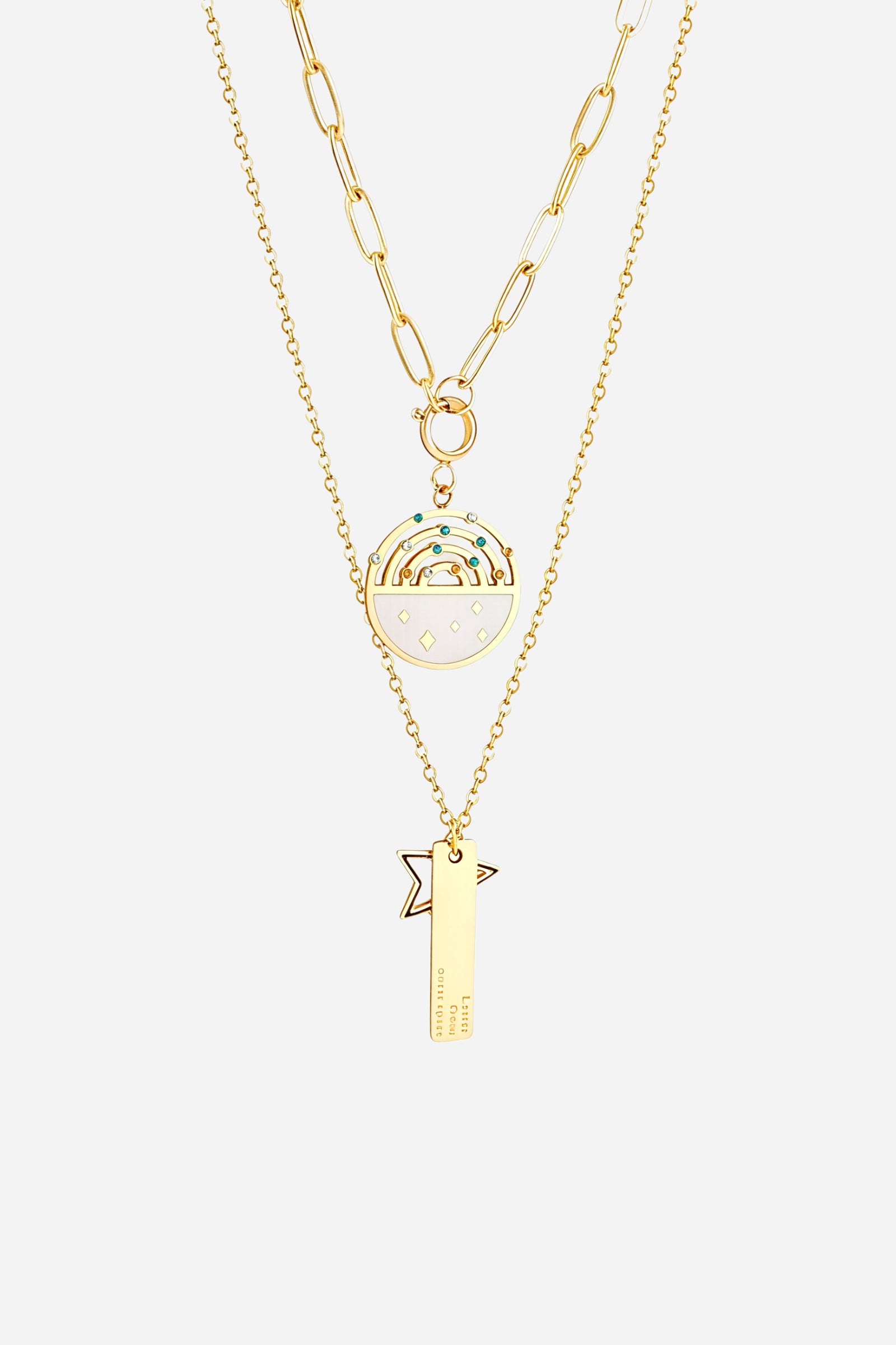 Front view of GLISTIA Layered Rainbow & Star Charm Necklace with gold chains and rainbow medallion.