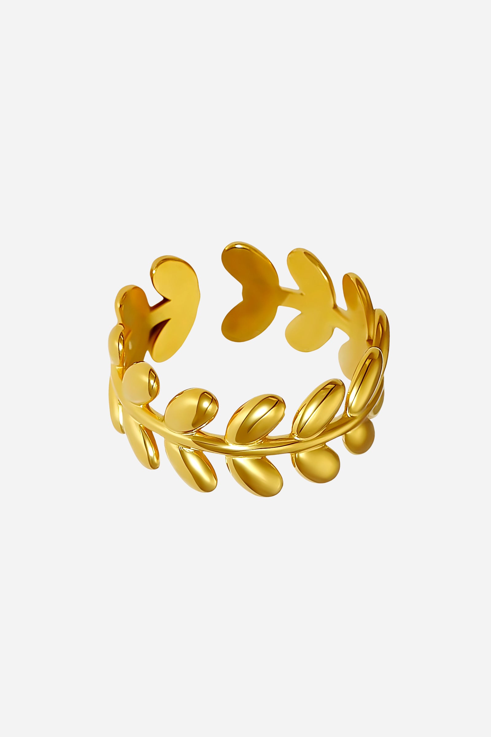 Top-view of GLISTIA gold leaf open ring featuring smooth botanical detailing and an adjustable band.