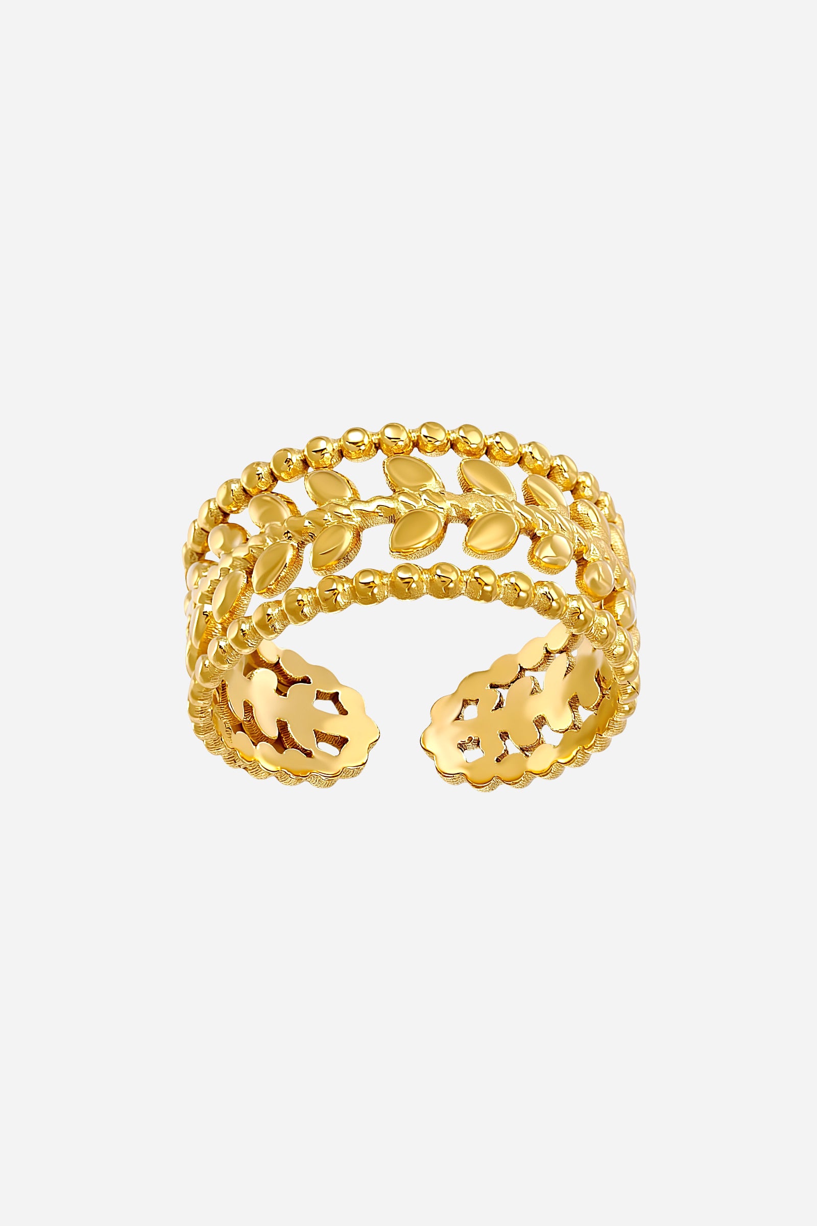 Top-view of GLISTIA adjustable leaf bead ring featuring an open-back band and textured beaded detailing.