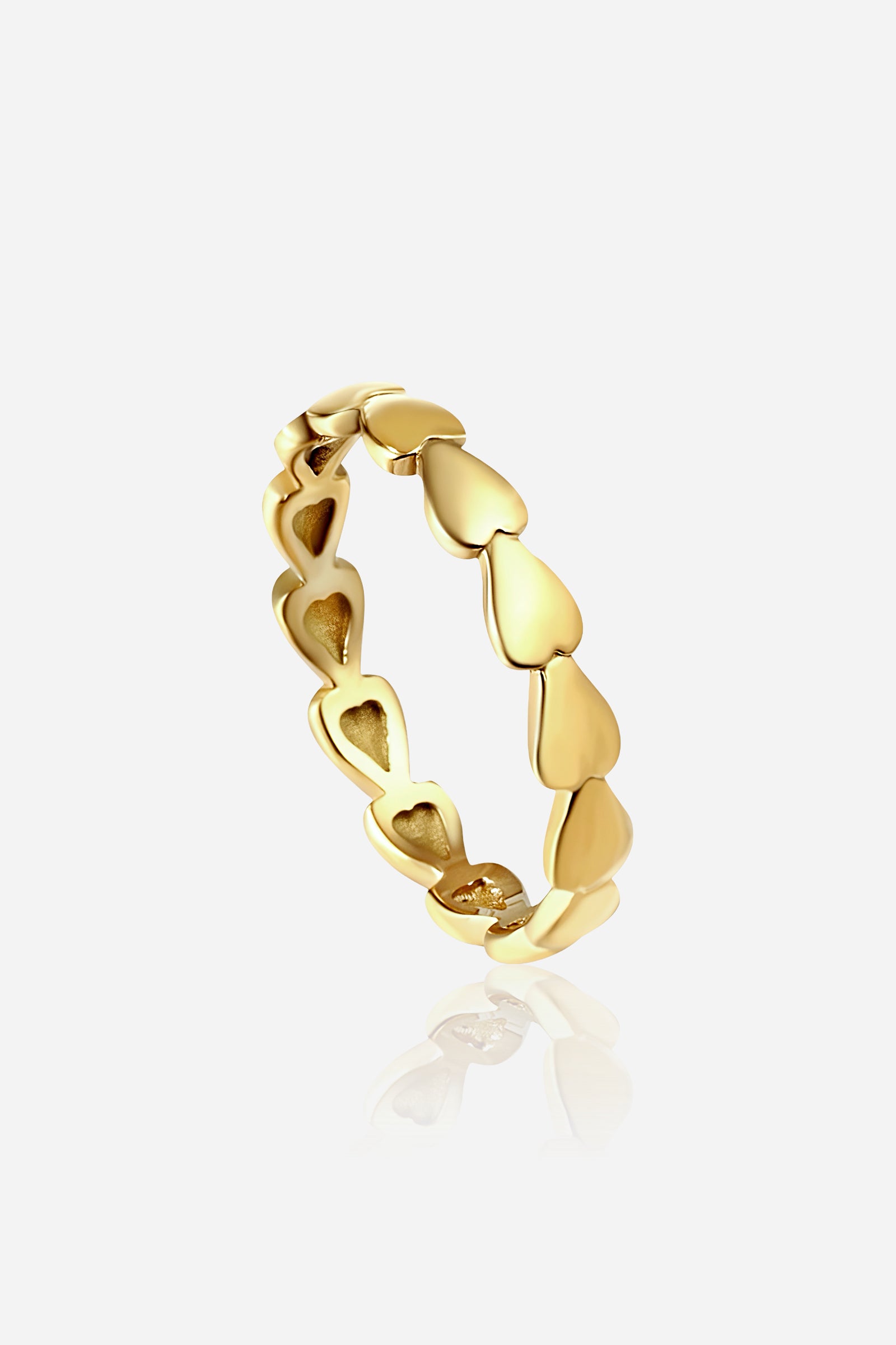 GLISTIA Linked Heart Band Ring front view in PVD 18K gold plated stainless steel with polished heart links.