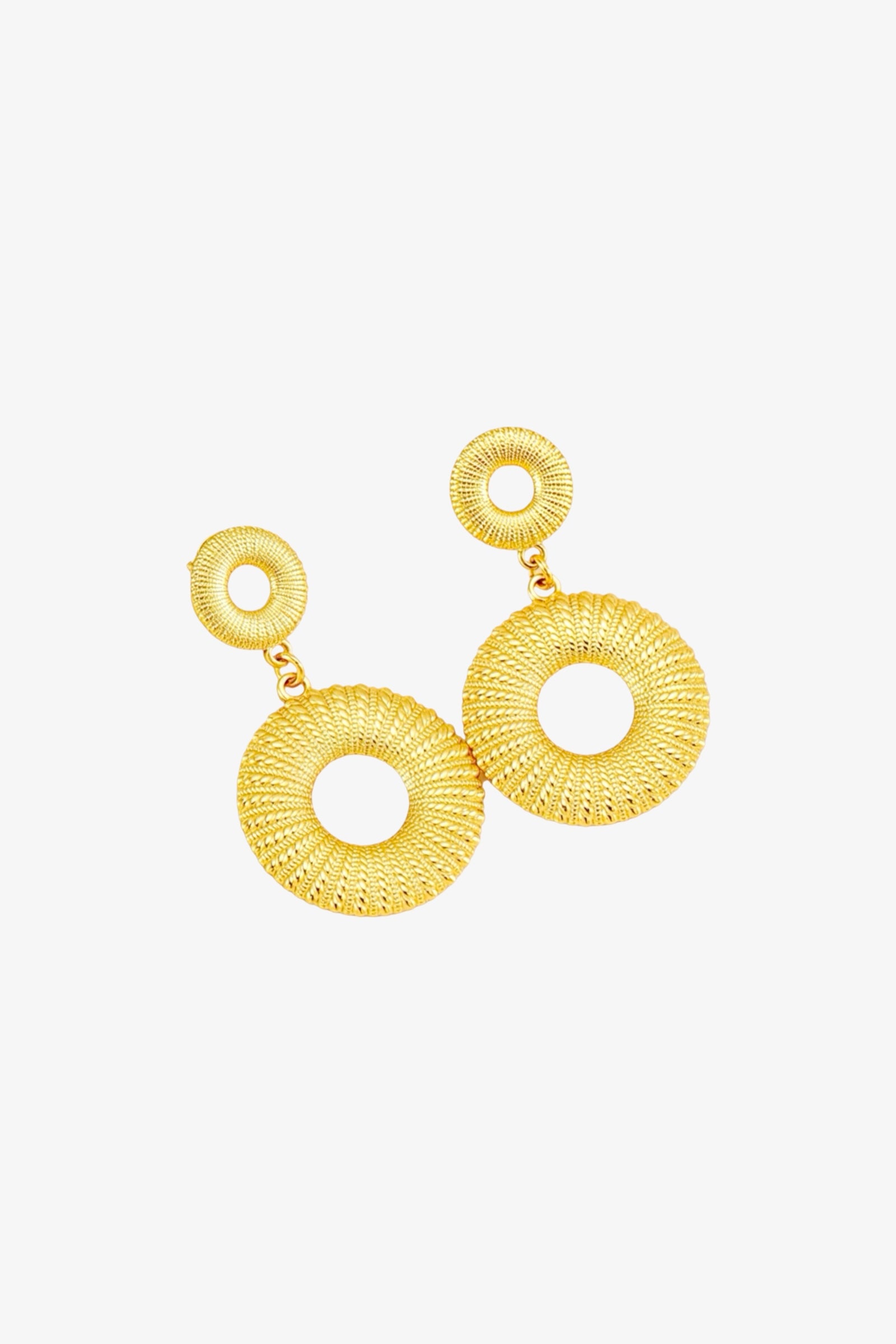 Liora Circle Drop Earrings crafted from stainless steel with a radiant PVD 18K gold plated finish, featuring open circular textured design and polished detailing - GLISTIA.