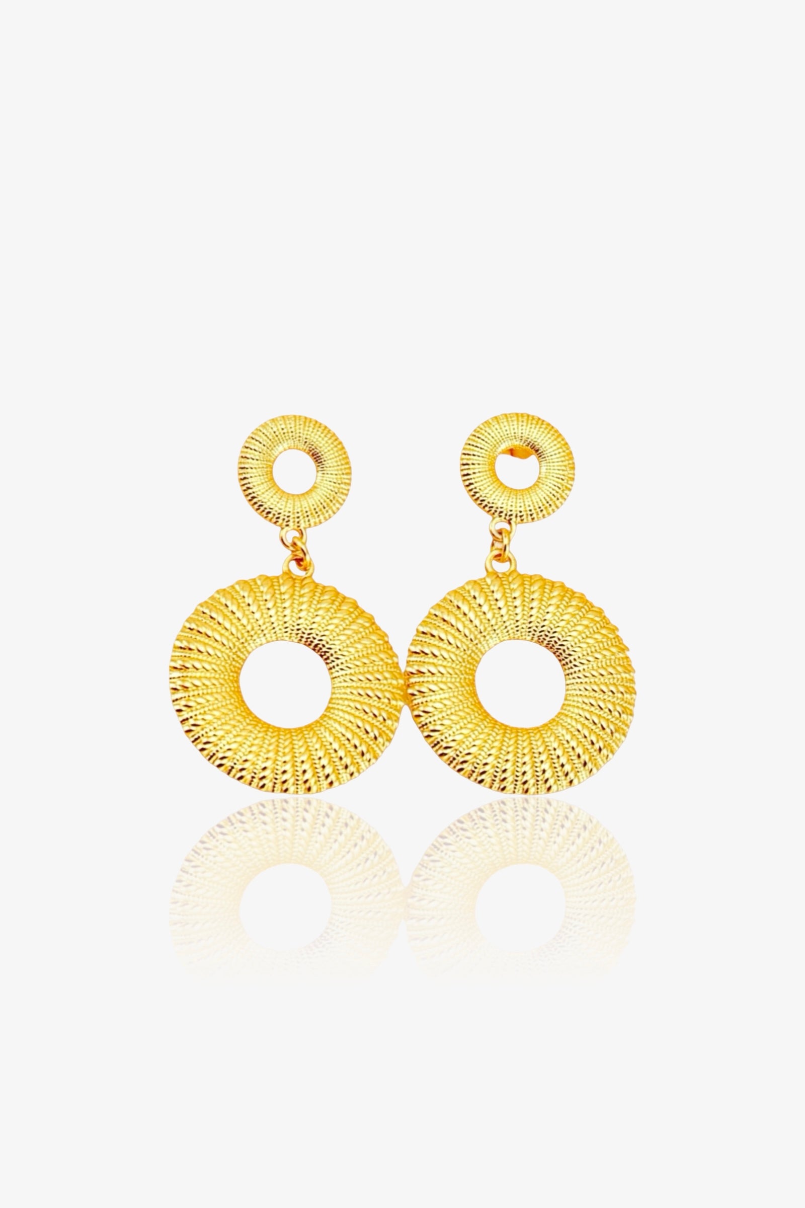 Liora circle drop earrings crafted from stainless steel with a radiant PVD 18K gold plated finish, featuring textured concentric open-circle design with modern geometric detailing - GLISTIA.