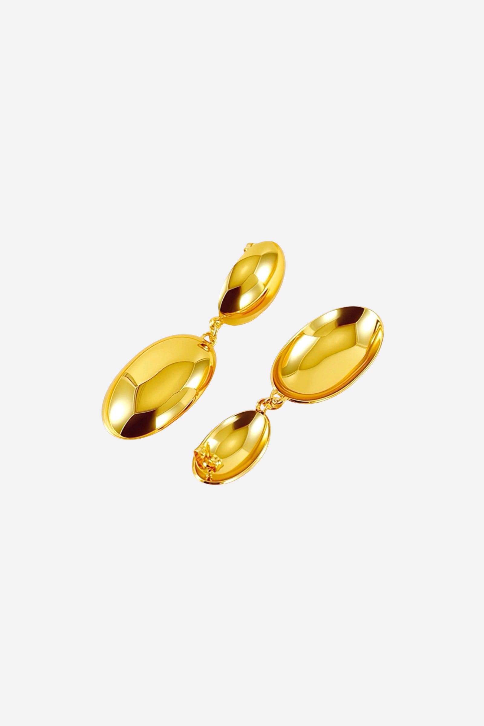 Pair of long oval drop earrings crafted from stainless steel with a high-polish PVD 18K gold plated finish, featuring an elegant double-oval silhouette – GLISTIA.