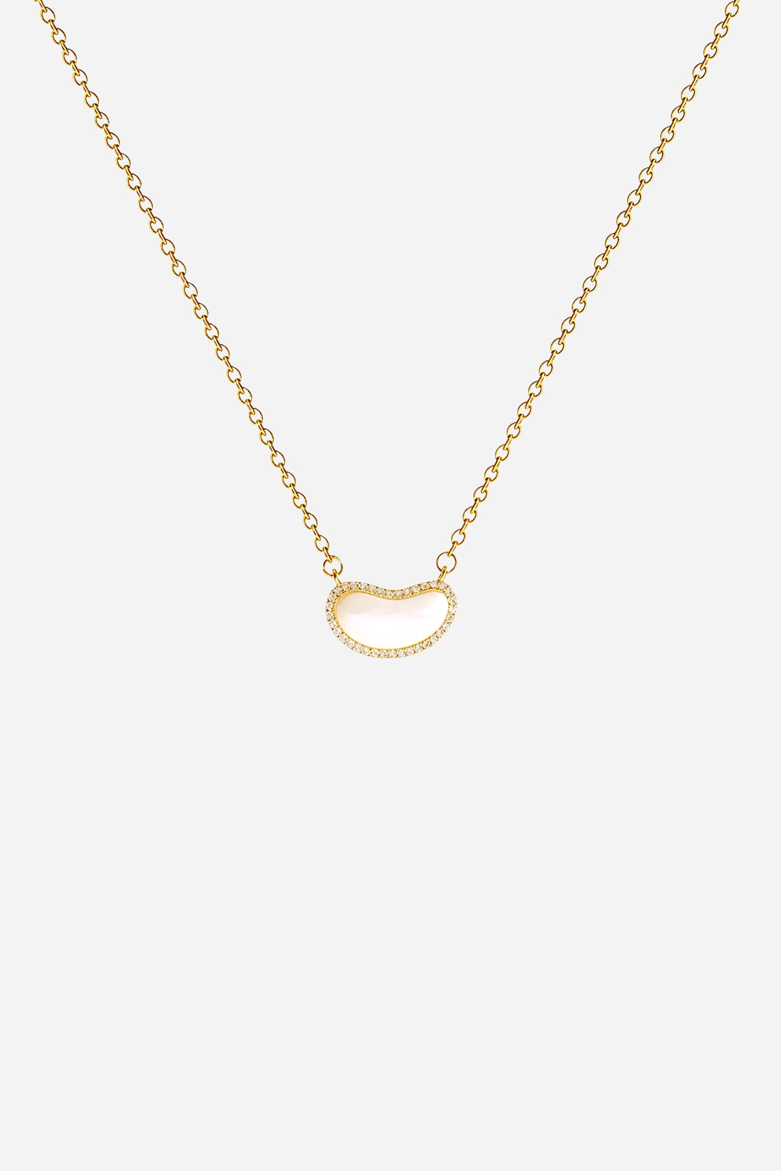 Luna Bean Pendant Necklace in 18K PVD gold-plated stainless steel with white bean-shaped charm – GLISTIA.