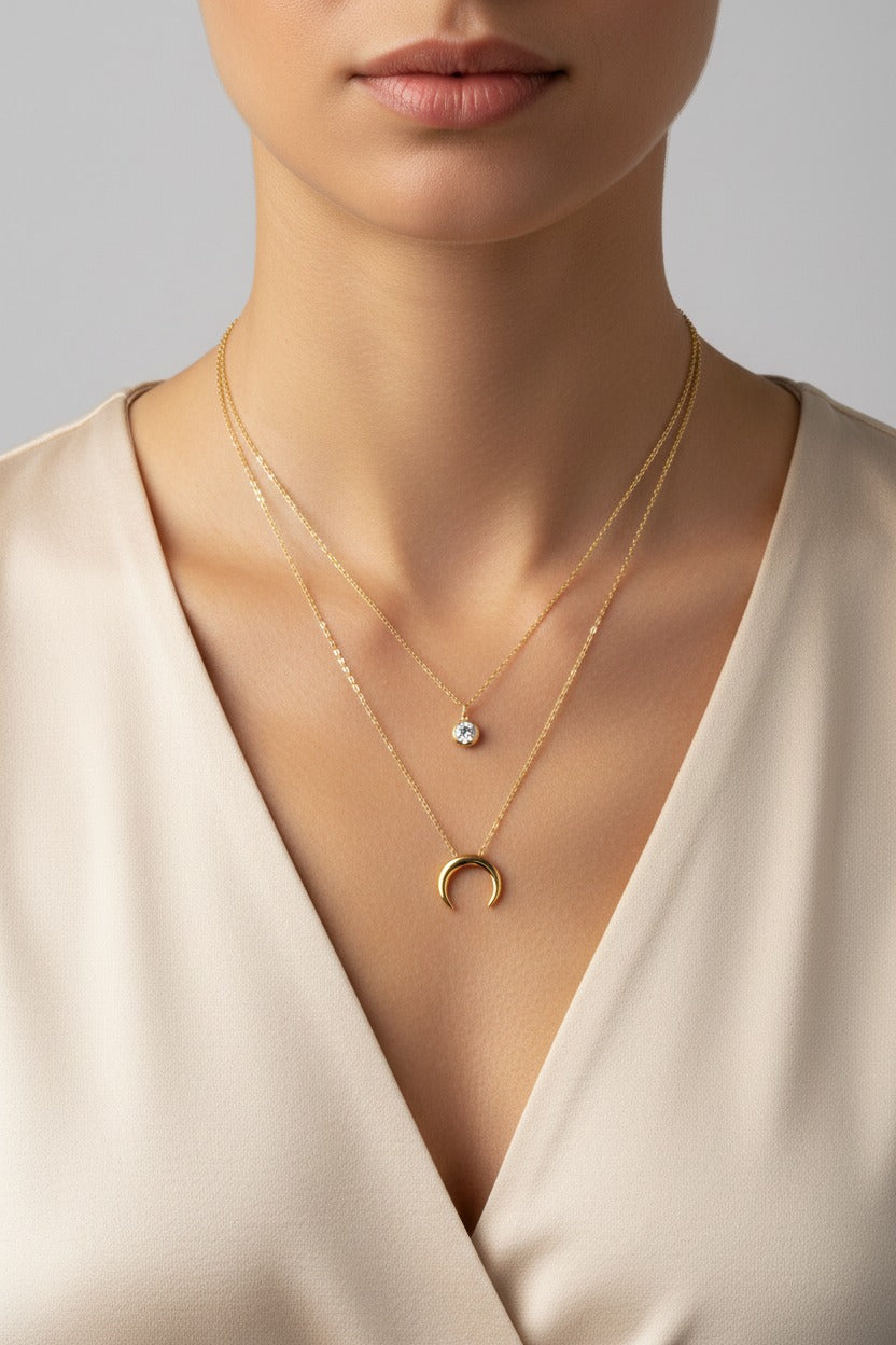 Luna crescent layered necklace in 18K PVD gold plated stainless steel with celestial moon design