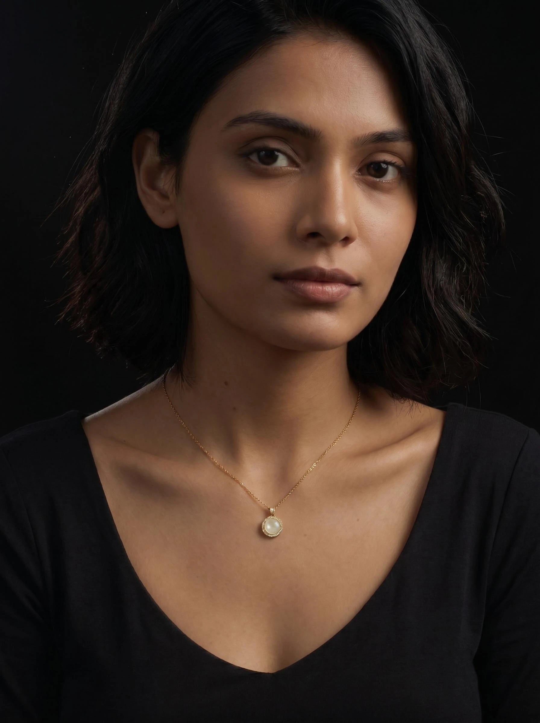 Gold Luna Halo Pendant Necklace featuring a circular pearl-inspired pendant with crystal halo accents for elegant everyday styling.
