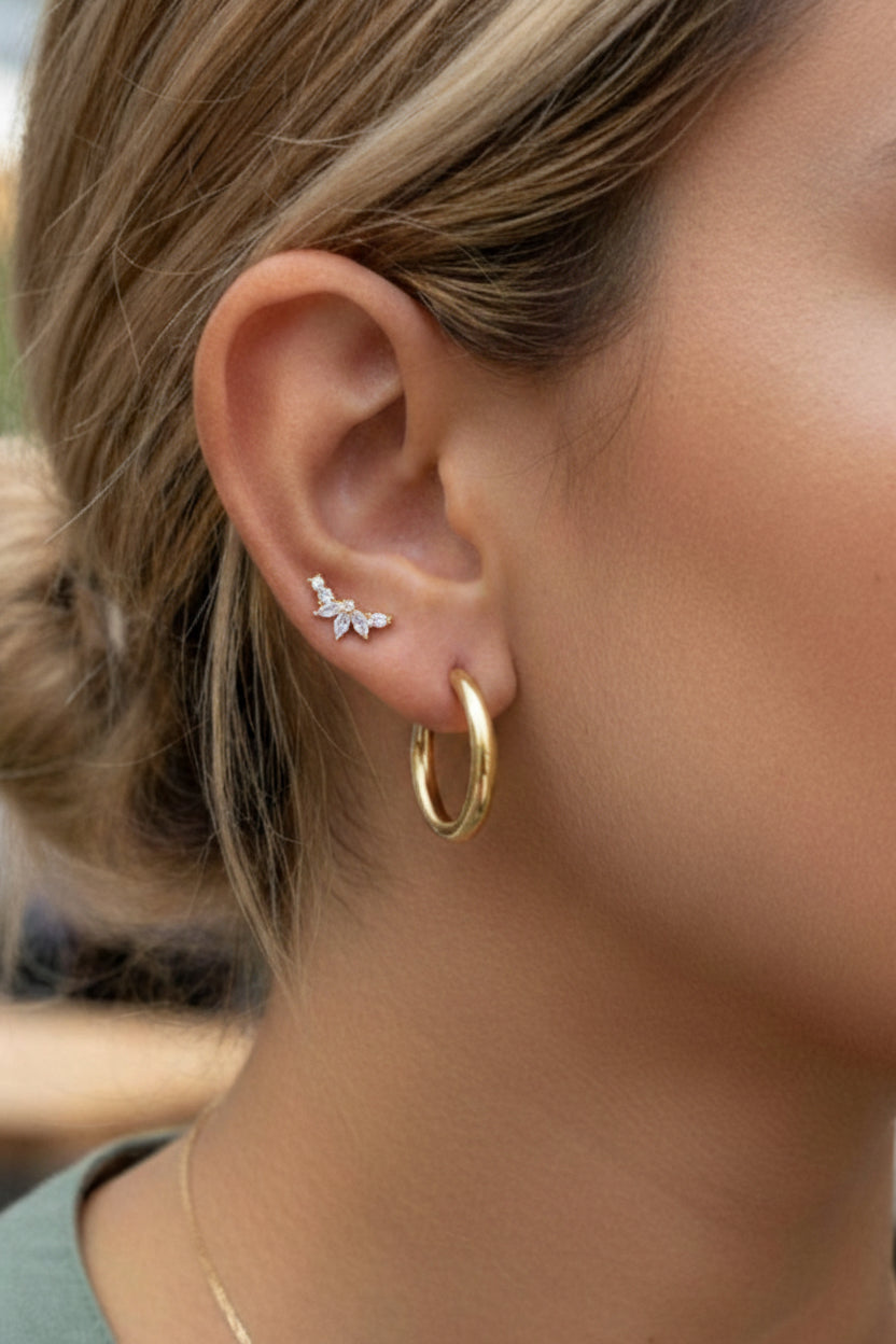 Marquise cluster stud earrings crafted from stainless steel with 18K PVD gold plating, featuring marquise and round cubic zirconia crystals in an elegant cluster design