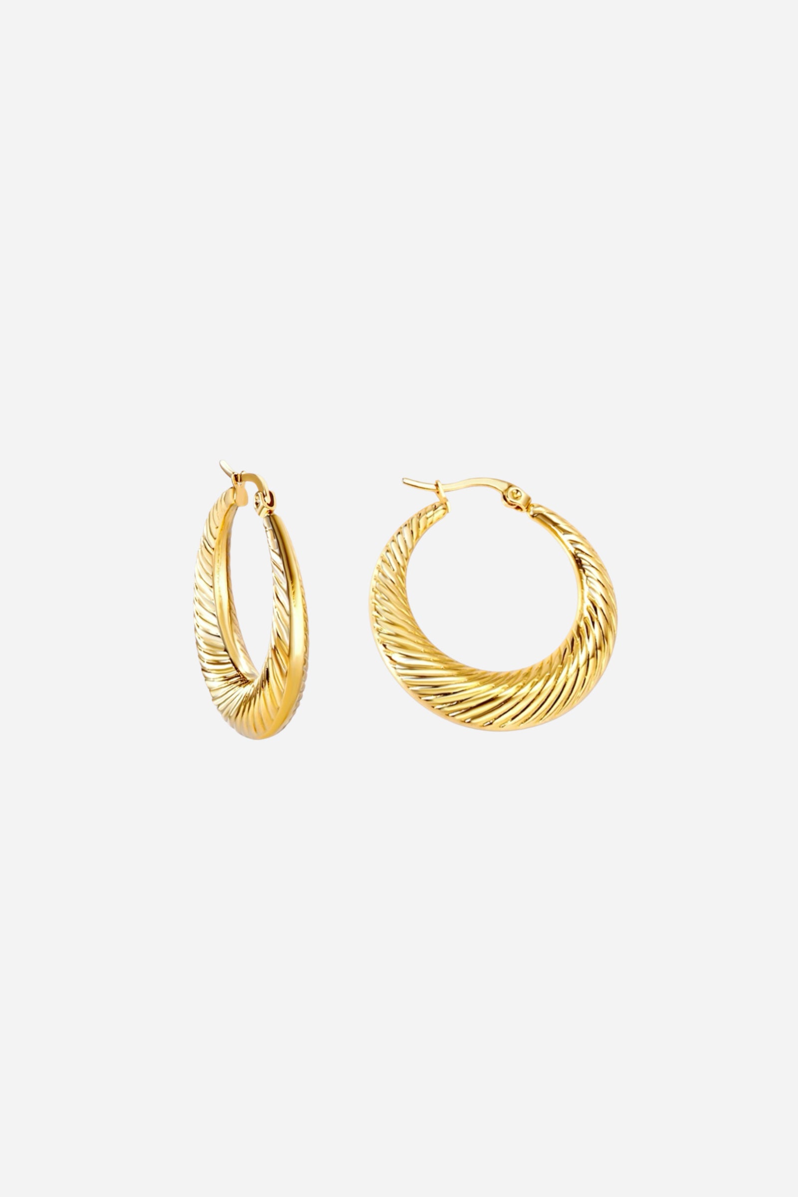 Close-up view of GLISTIA Mini Twisted Hoop Earrings made from stainless steel with a luxurious 18K PVD gold-plated finish, featuring a sleek twisted texture and a reflective polished surface on a soft light background.